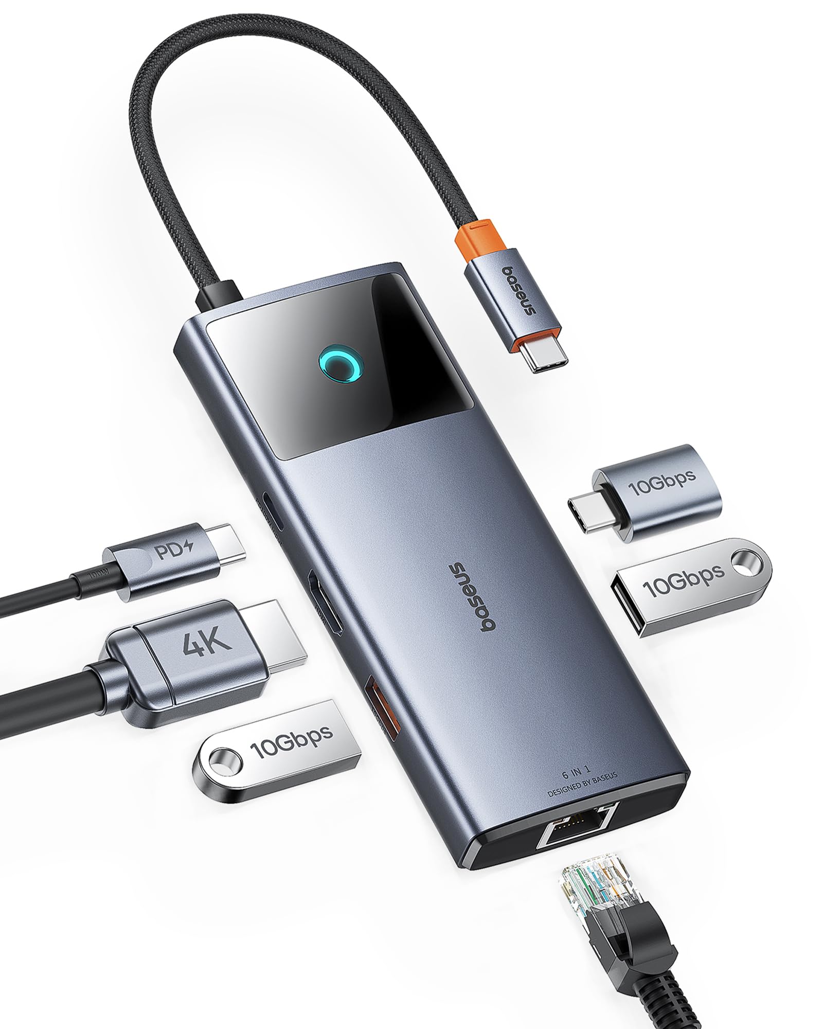 Baseus USB C Hub 10Gbps USB 3.2 Adapter mit LAN Ethernet, 4K@60Hz HDMI, 2 USB-A, USB-C, 100W PD, 6 in 1 Docking Station für iPhone 15, Laptop MacBook/Surface Pro/Dell/iPad/Steam Deck/Rog Ally/Samsung