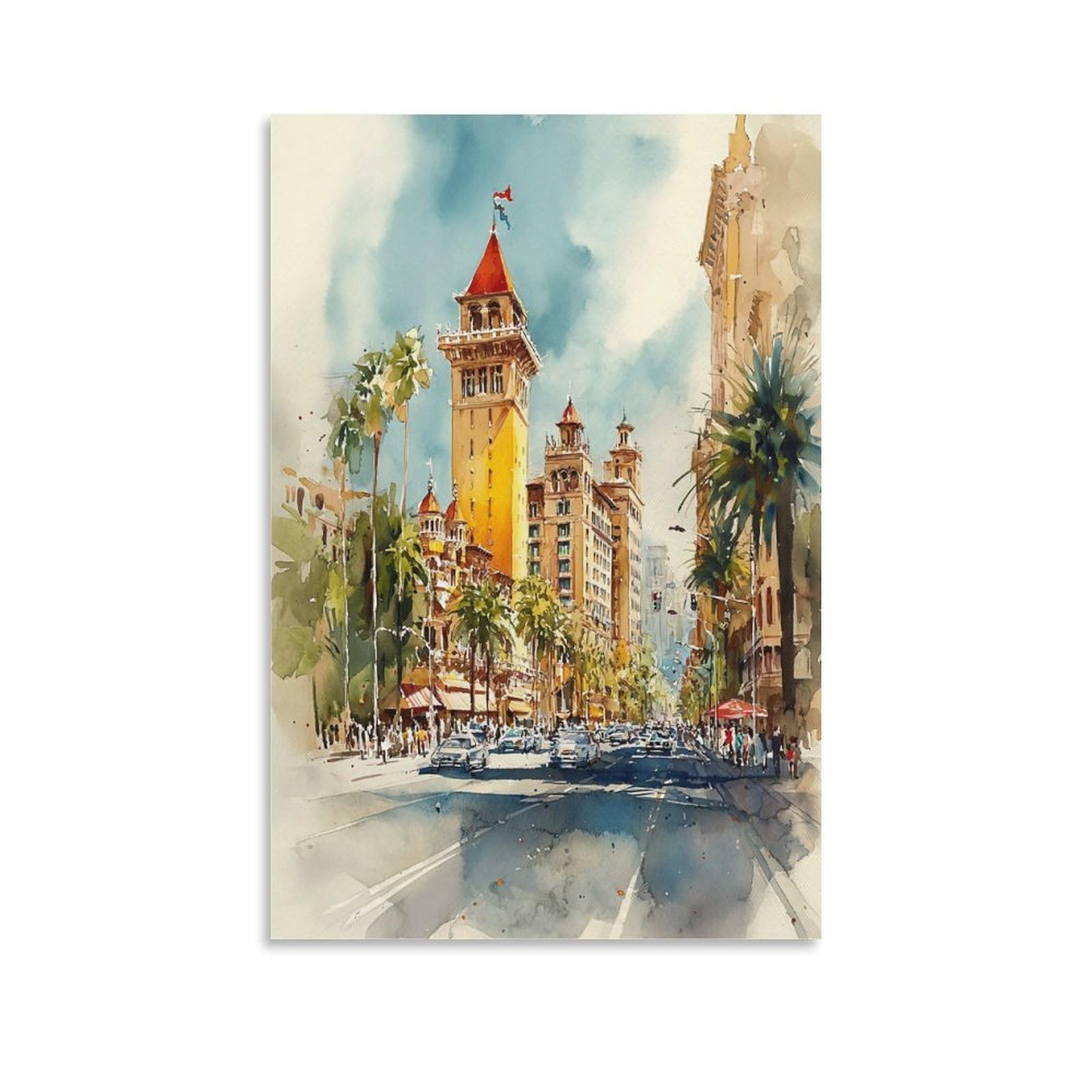 XWYMXZ Las Vegas Street 24x36inch(60x90cm) Vintage Travel Poster Watercolor Canvas Art
