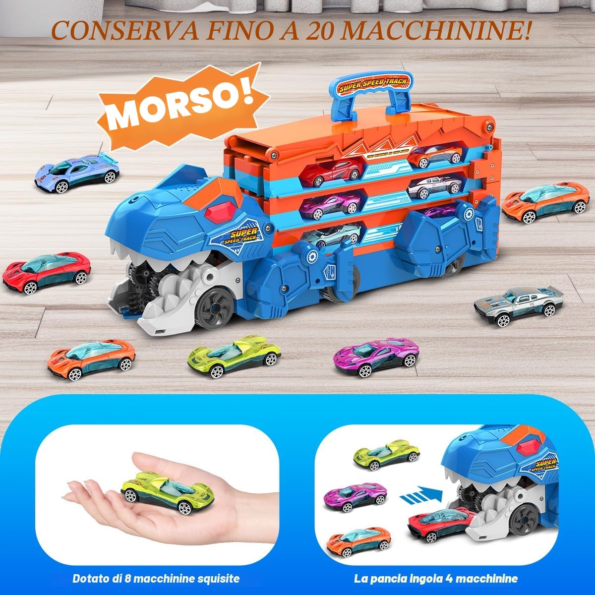 TERRAMUS Camion Trasporto Dinosauro - Set di Giocattoli Auto 3 in 1 con Eiezione, Pista Pieghevole Portatile per Bambini con 8 Auto da Corsa, Set di Giocattoli Auto Portatili per Bambini Ragazzi 3-5