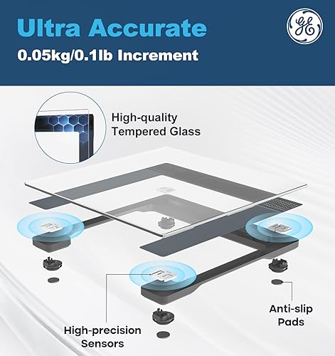 Miniatura 2 de GE Báscula de baño para peso corporal pesadora de báscula digital de alta precisión con vidrio templado transparente, plataforma grande de 11.8
