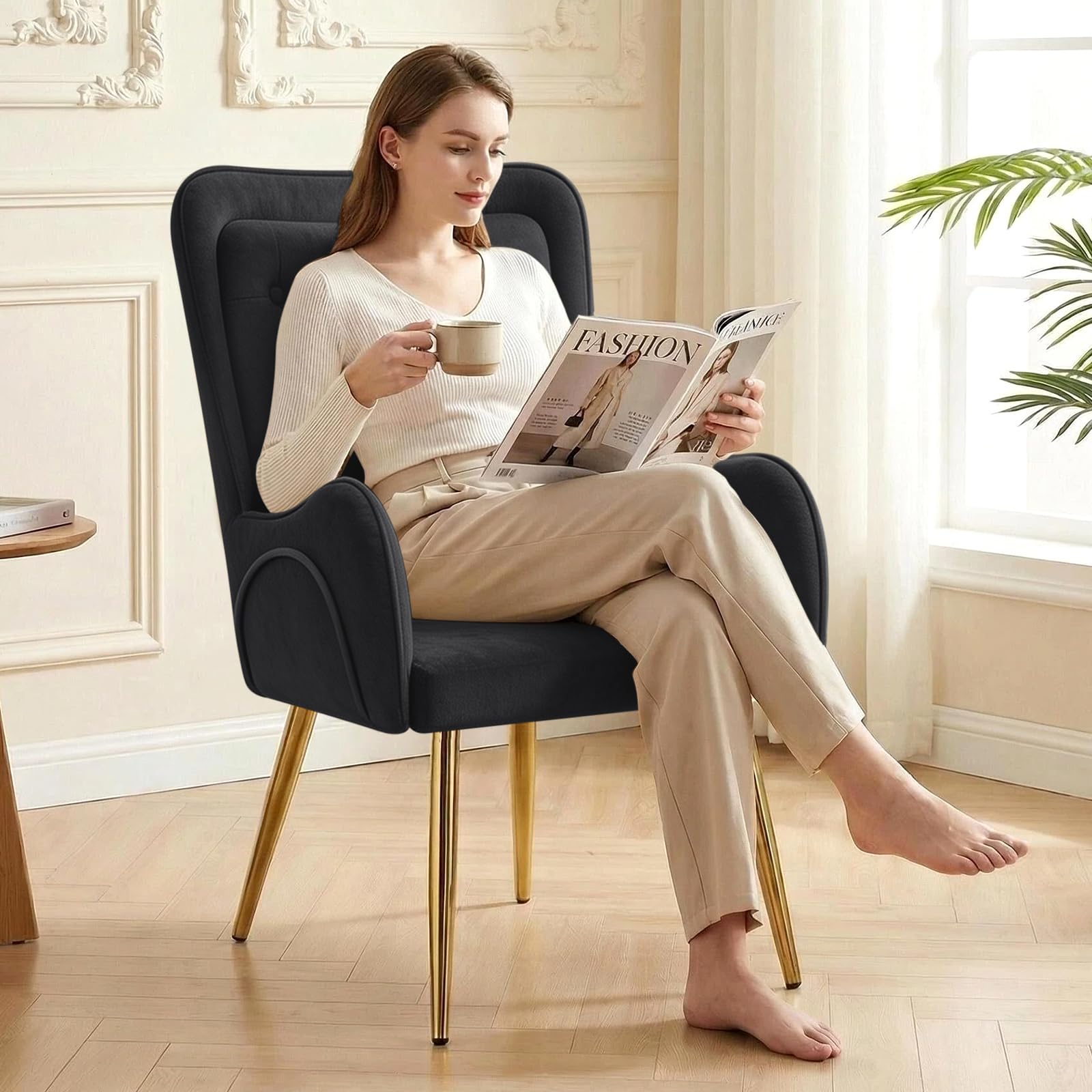Hellove Pack de 2 Sillones de Salon con Patas de Metal, Butacas Dormitorio Silla Tocador Moderno, Terciopelo Sillón Lectura, Silla Orejero Nordica Escandinavo para Salón Dormitorio Tocador, Negro