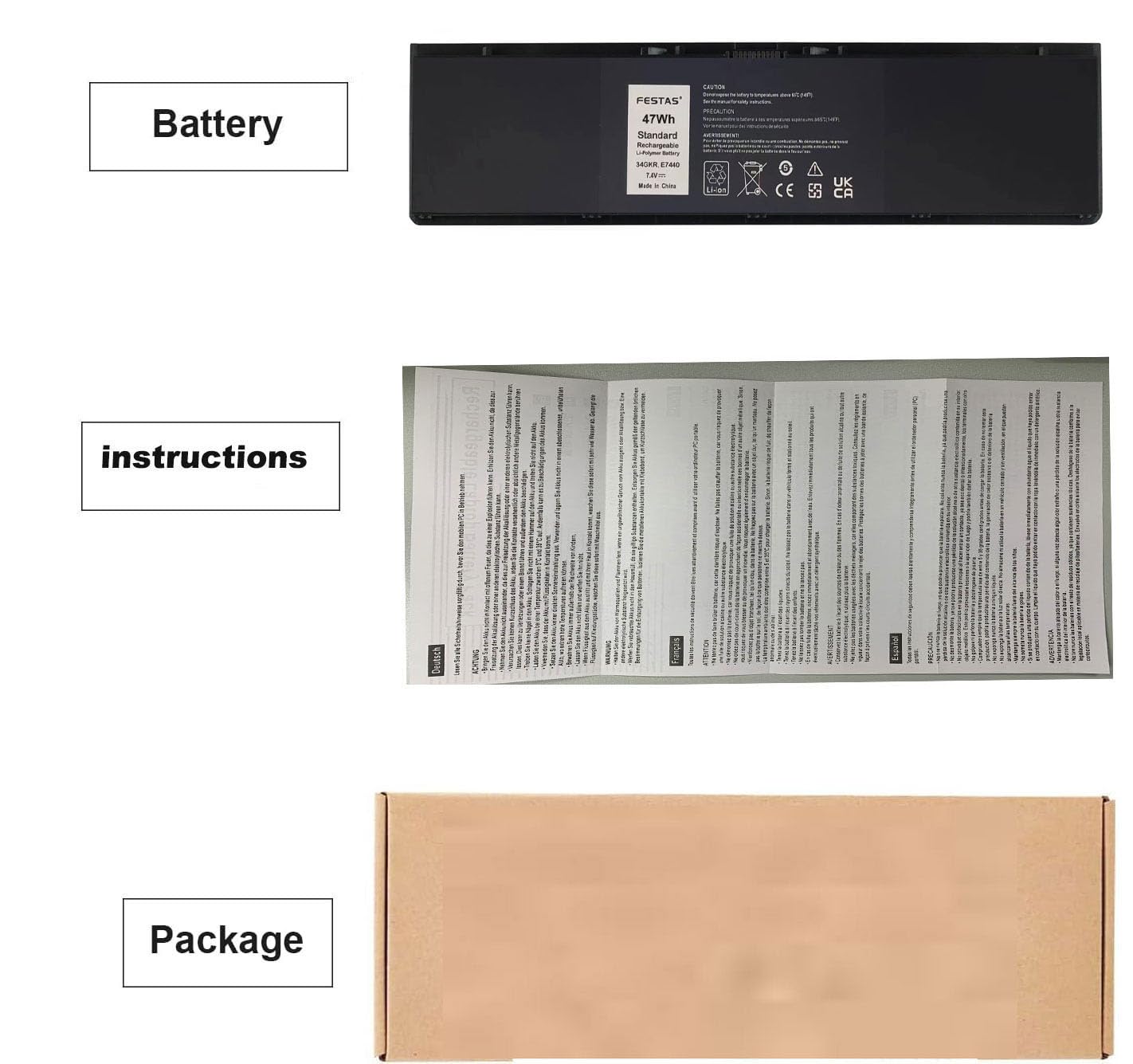 FESTAS 34GKR PFXCR 3RNFD Batterie Compatible avec Dell Latitude E7440 E7450 Series 5K1GW G95J5 F38HT G0G2M T19VW 909H5 V8XN3 0909H5 0G95J5 451-BBFT 451-BBFV 451-BBFY 451-BBFS