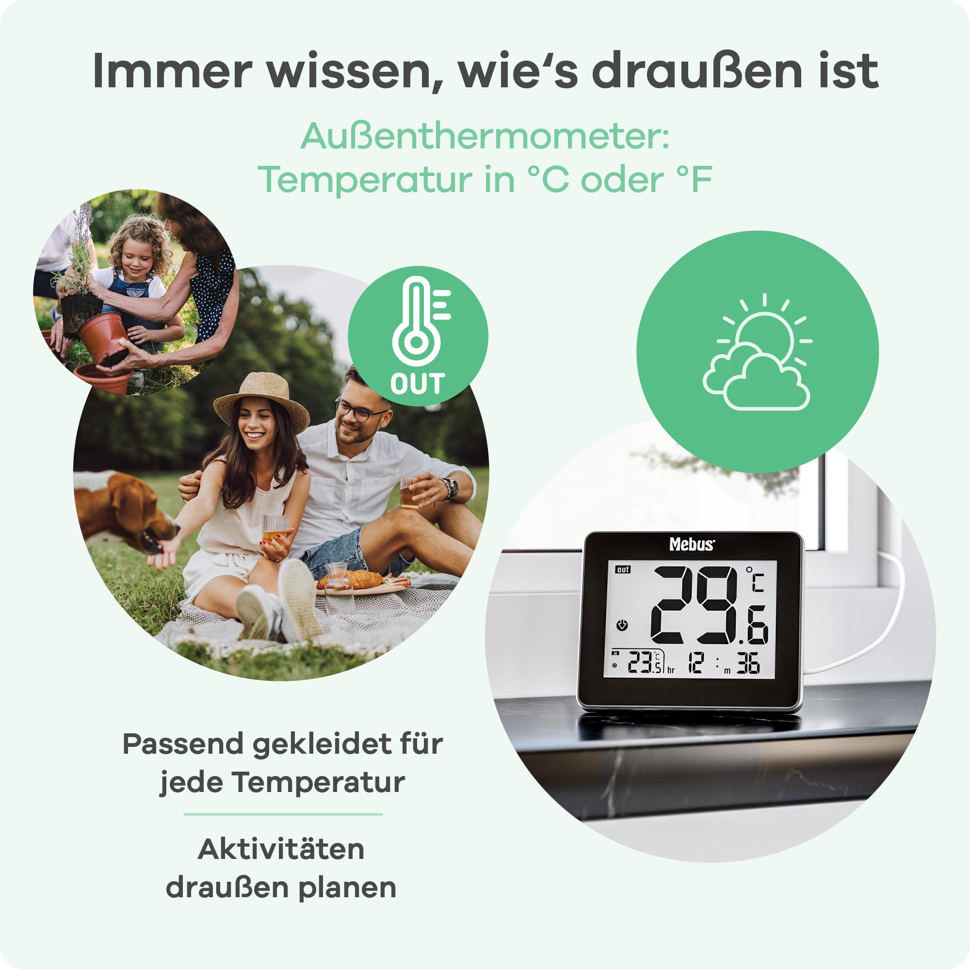 Mebus termometr cyfrowy do użytku wewnątrz i na zewnątrz z przewodowym czujnikiem zewnętrznym, czas, min/max wartości, kolor: czarny, model: 48432
