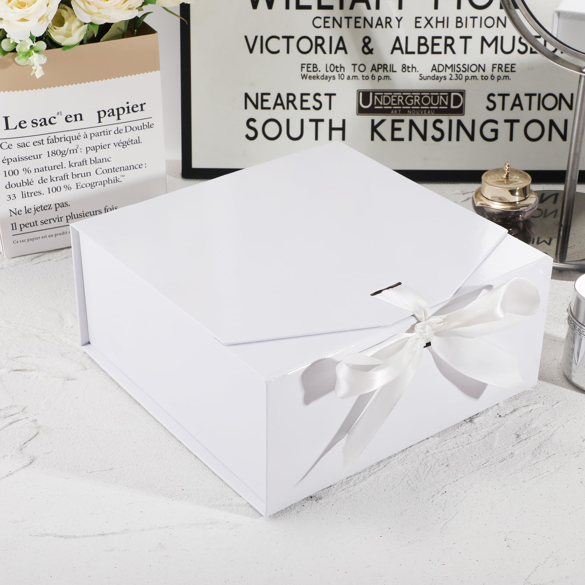 OEMVALATY 8 x Geschenkboxen, 22,9 x 22,9 x 10,2 cm, magnetische Geschenkboxen mit Deckel für Geschenke, weiß mit Schleife, Brautjungfernantragsbox für Hochzeit, Aufbewahrung, Geburtstag