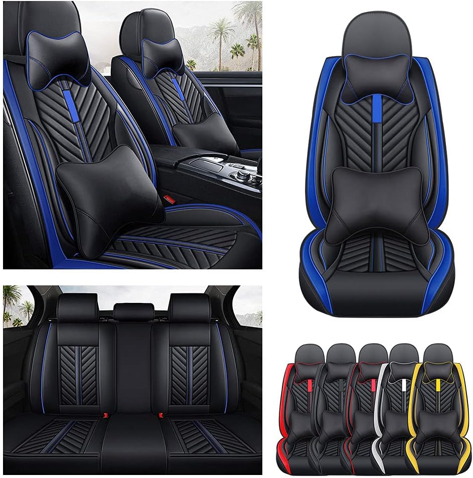 Car Seat Covers for Ford EcoSport (5-Seater), Universal Fit, Premium PU Leather Seat Cover Full Set, ZT08, Black & Blue