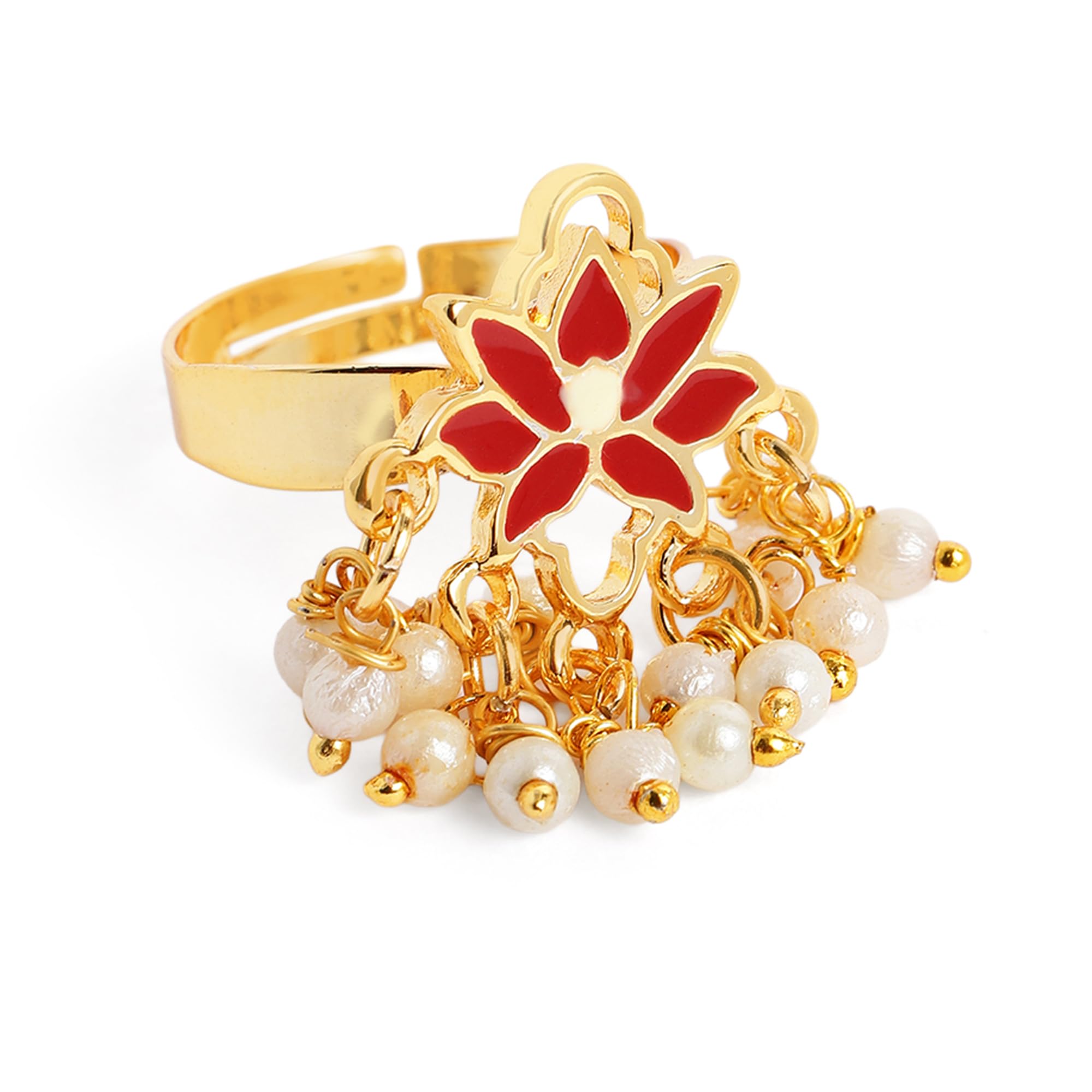 Graceful Gold Plated Red Lotus Adjustable Ring with Pearls|578-IGRDWE RING-image-29