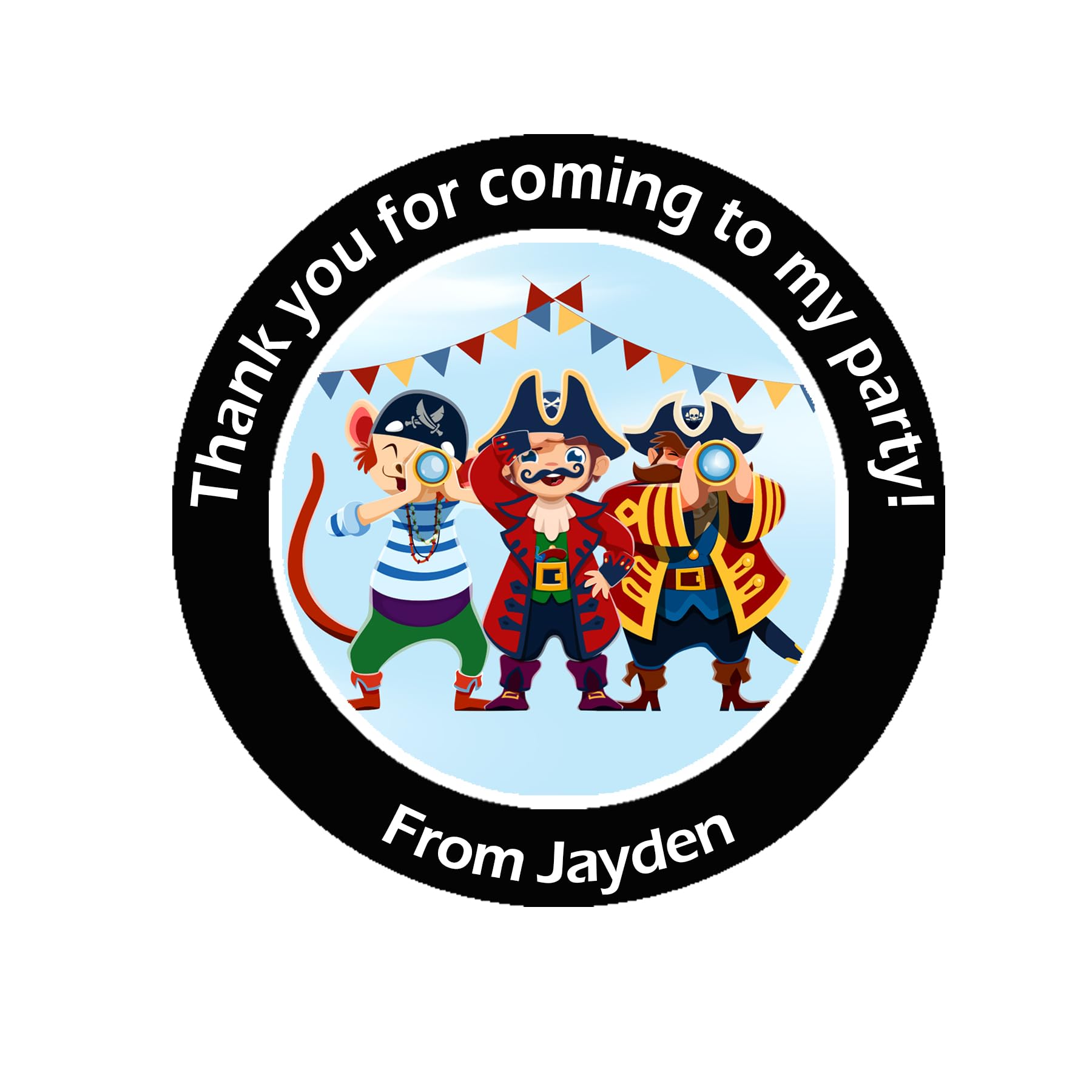 Treasured Forever Limited Black Personalised Pirate Party Stickers X 24 (45Mm) Round Labels For Party Bags, Favours Or Sweet Cones – Pirate Themed Birthday Decoration - 24 Stickers