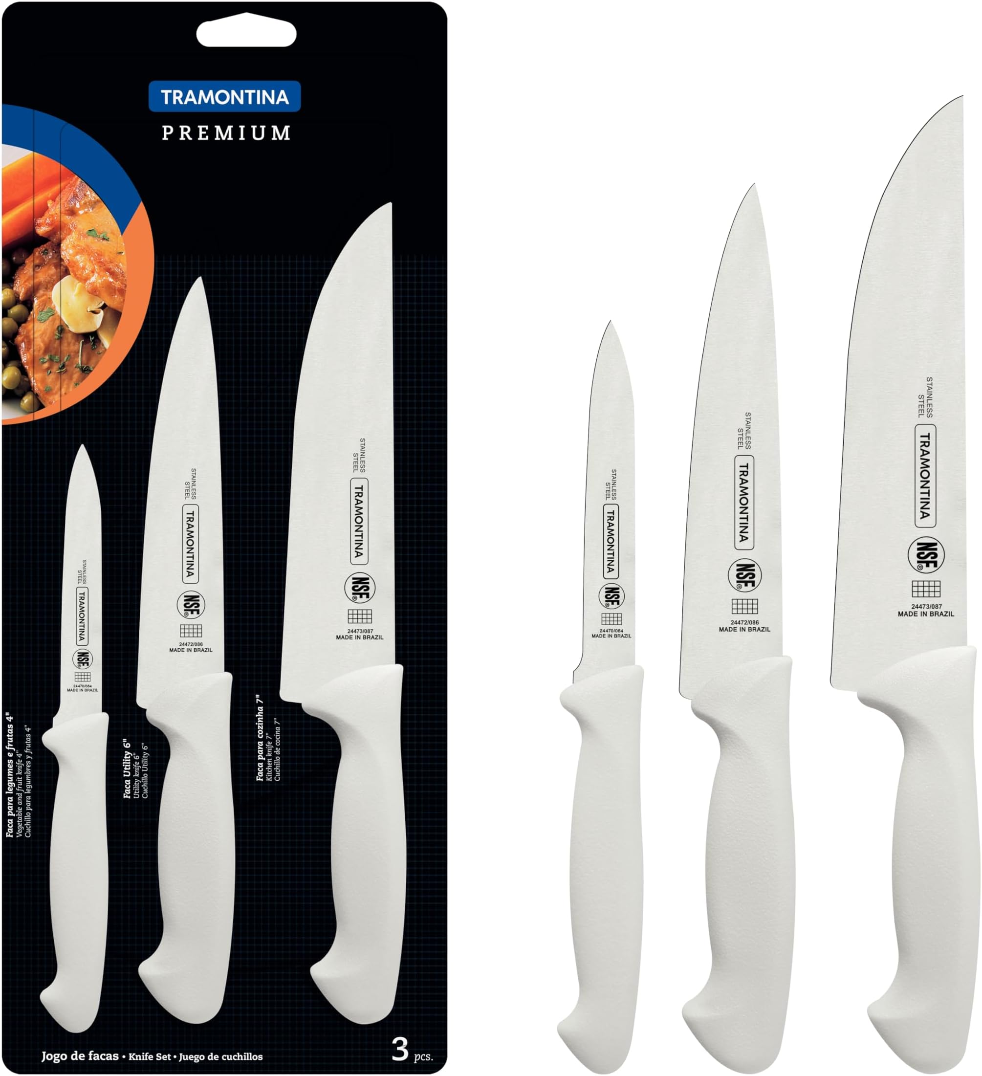 Tramontina Premium 3 Pieces Knife Set with Stainless Steel Blade and White Polypropylene Handle