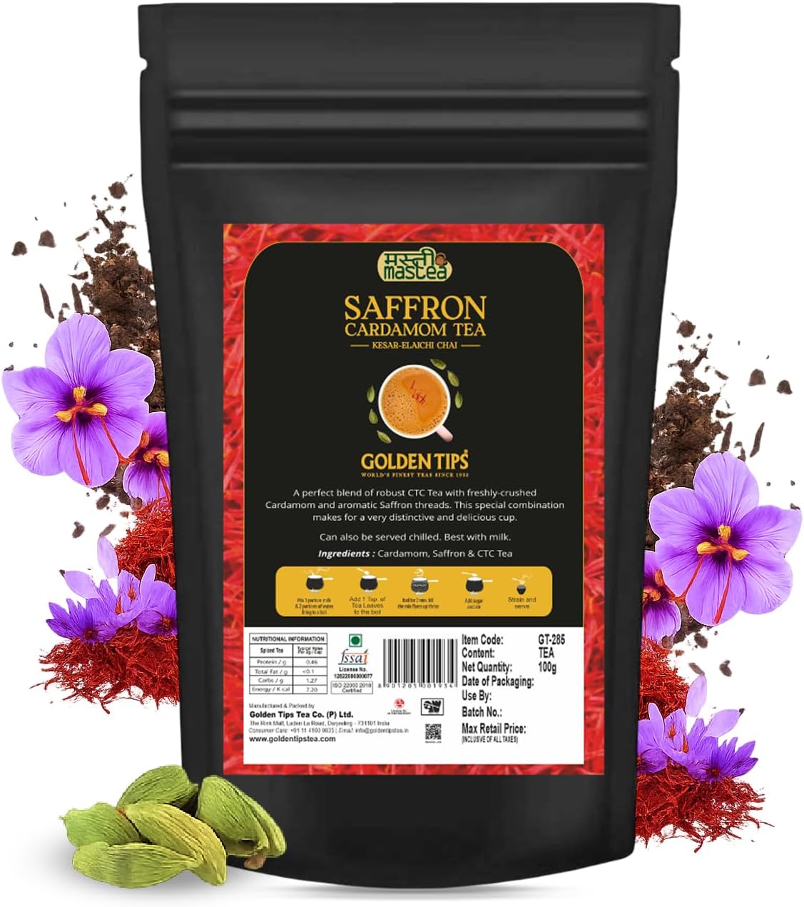 Saffron(Kesar) Cardamom (Elaichi) Exotic Indian Masala Chai CTC Black Tea (40 Cups), 100 g