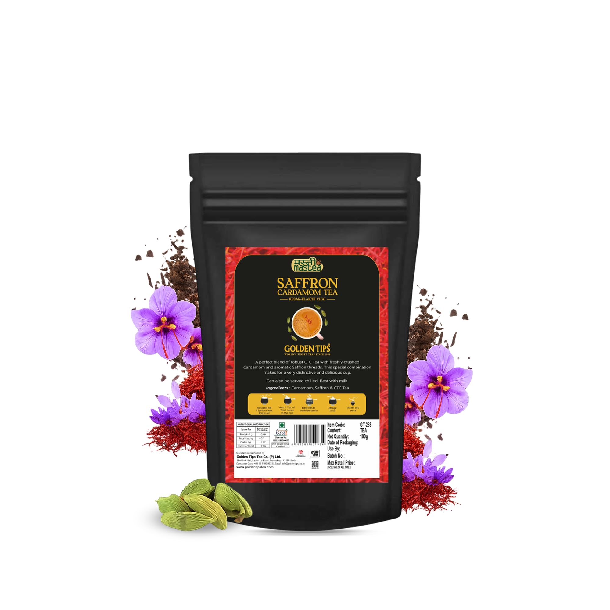 Saffron(Kesar) Cardamom (Elaichi) Exotic Indian Masala Chai CTC Black Tea (40 Cups), 100 g
