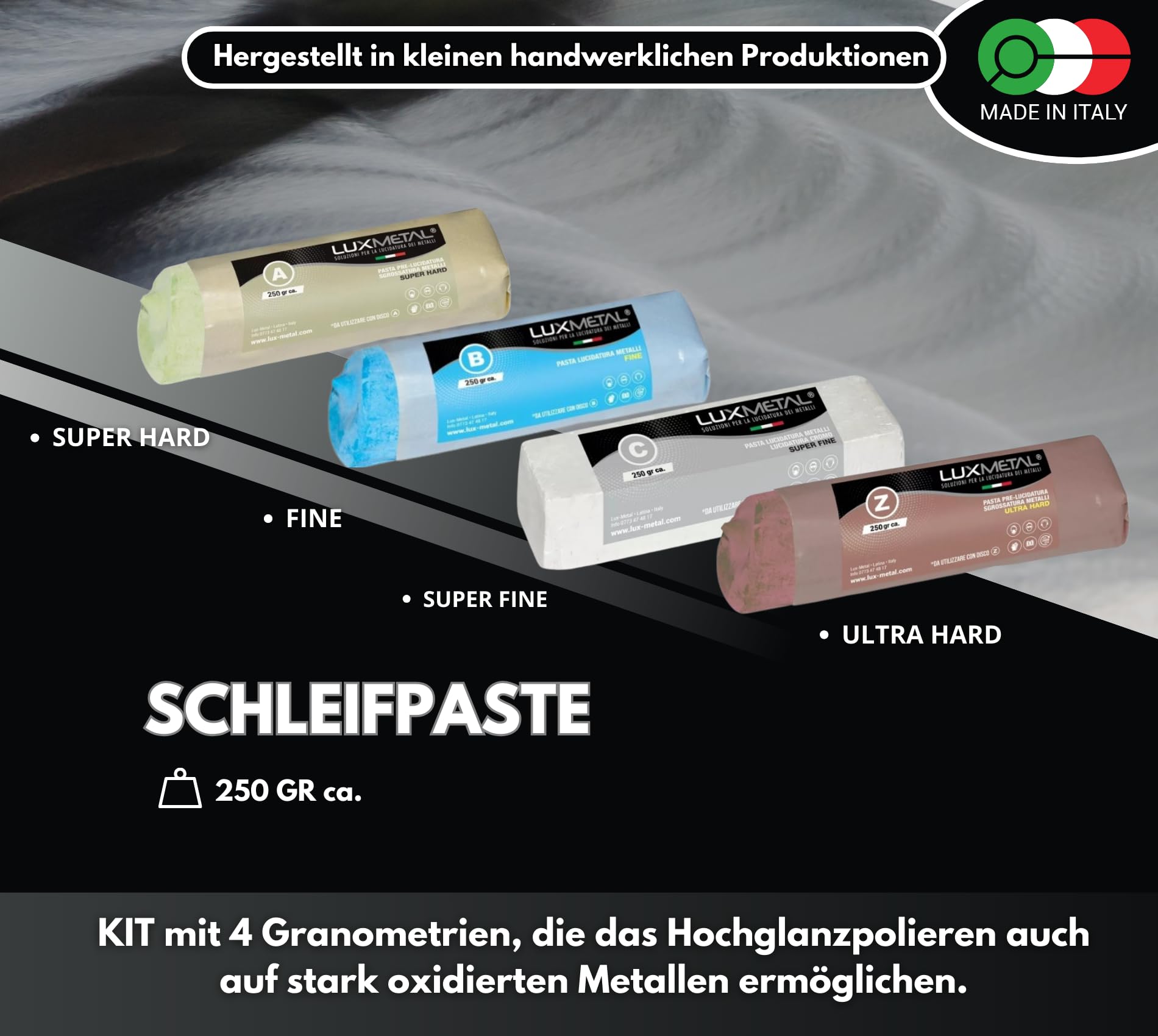 4 polierpaste 250 g - 4 Polierscheibe 150 mm Polierset set DIY kit Schleifpaste Metall Aluminium, Bank Poliermaschine, Edelstahl, Messing, Kupfer, Holz, Kunststoff, schleifmaschinen, messer