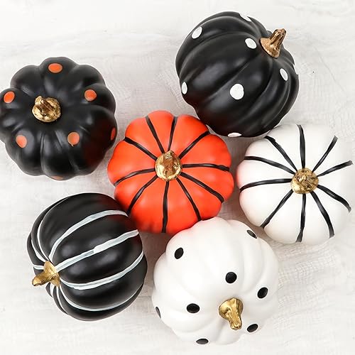 Halloween Decorations Indoor - Set of 6 Halloween Pumpkin Decor - Black White and Orange Pumpkins Artificial Pumpkins for Crafts Fall Decorations for Home Halloween Thanksgiving Decor