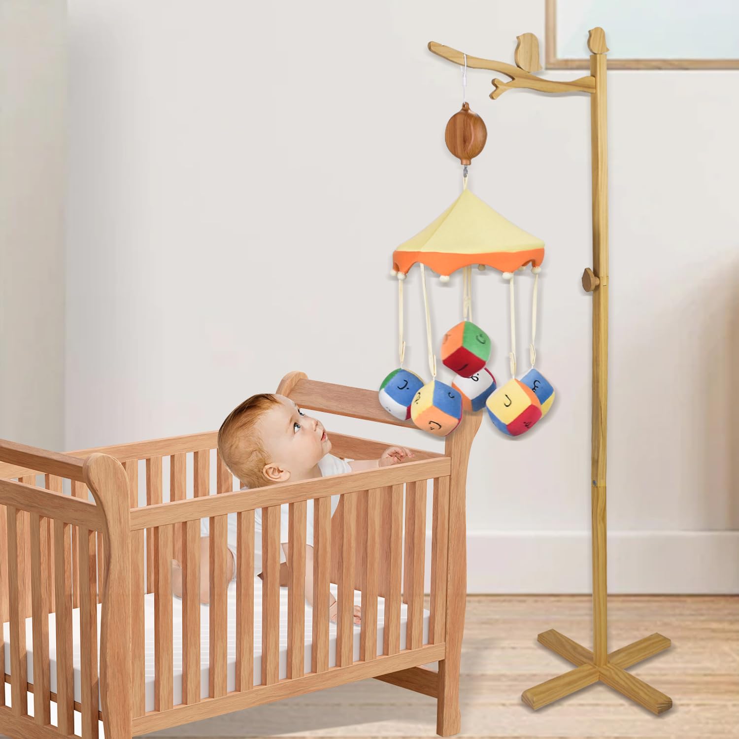 Mobile da pavimento in legno per culla, braccio mobile per culla da 142,2 cm, decorazione in legno, gancio mobile mobile per bambini con forte attacco antidumping