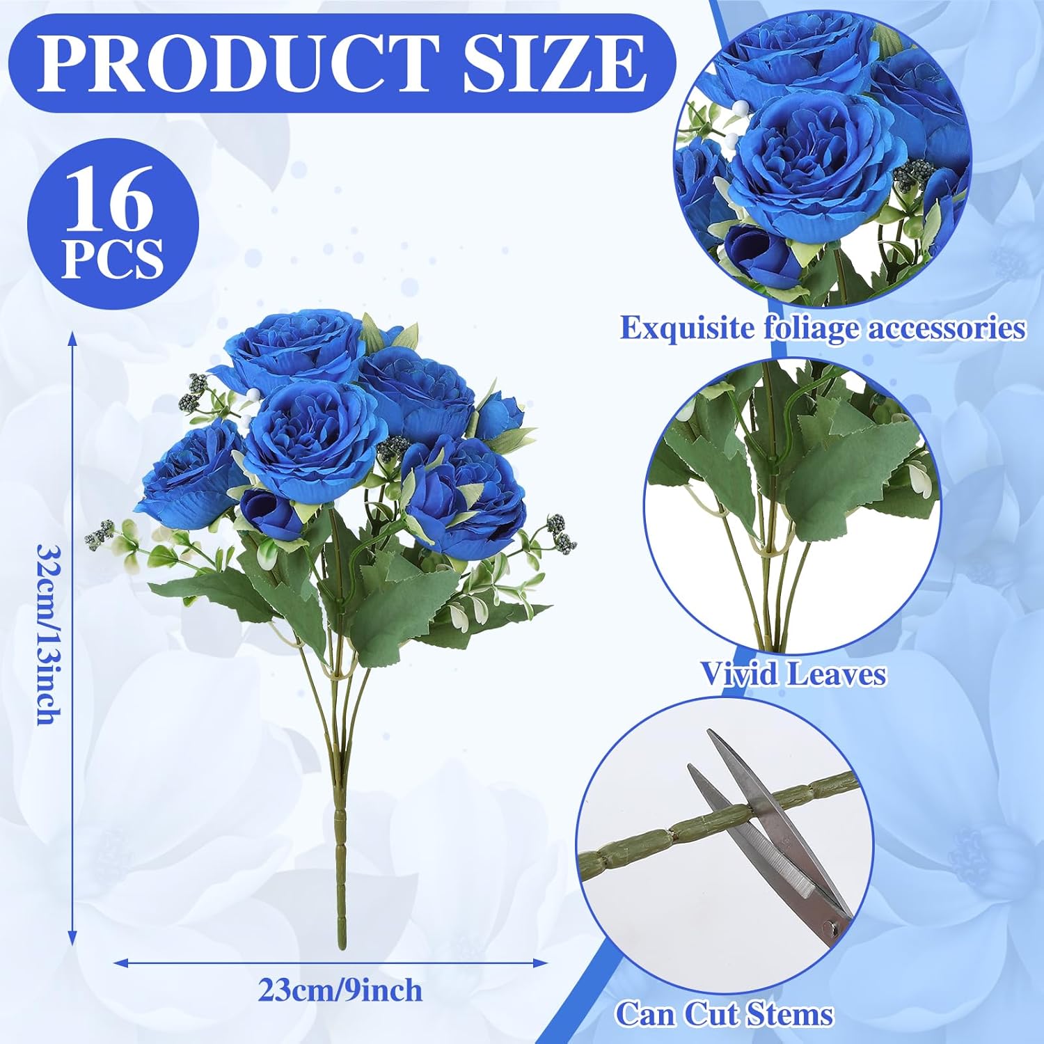 16 Pack Royal Blue Peonies Artificial Flowers,Fake Silk Hydrangea Bouquet for Bridal Wedding Home Table Decor Reusable Dining Opening Ceremony Birthday Arrangement Faux Floral
