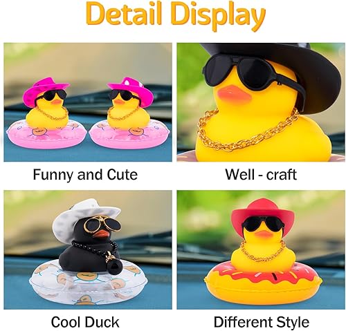 Miniatura 5 de wonuu Pato de goma para automóvil, decoración de pato amarillo con sombrero de sol, anillo de natación, collar de gafas de sol para decoración de