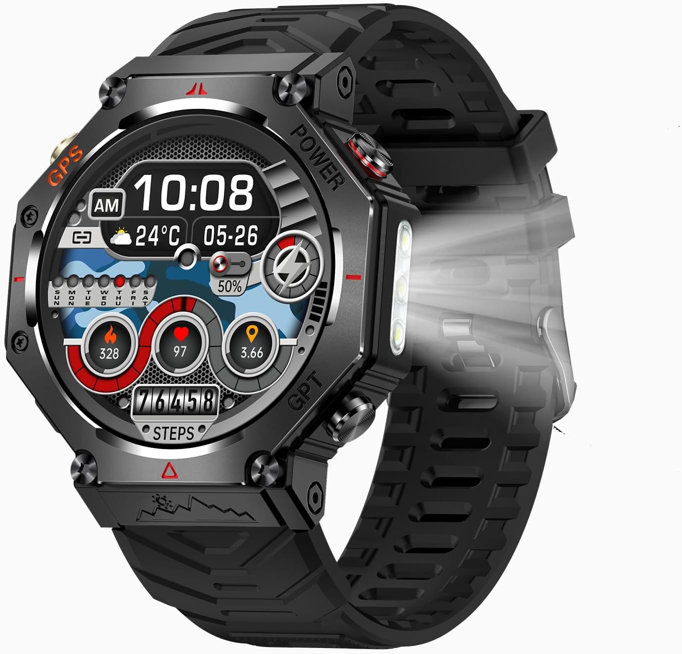 GPS Military Smart Watches for Men Fitness Watch with Multiple Sports Modes Heart Rate Monitor Sleep Monitoring Pedometer Altitude Compass 530mAh Big Battery for Android iOS