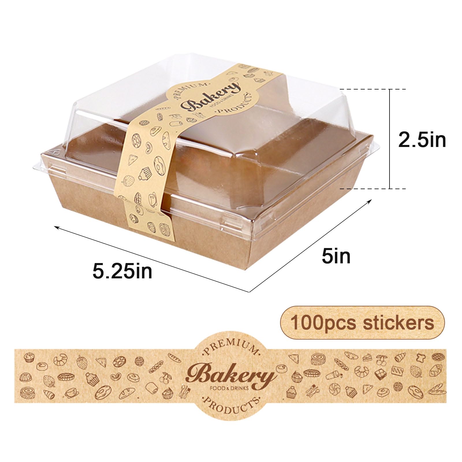 Paquete de 100 cajas de embutidos con tapas transparentes seguras, 5.3 x 4.9 x 2.5 pulgadas, cuadradas, desechables, color marrón, cajas de sándwich para galletas, fresas, pastelería, postres