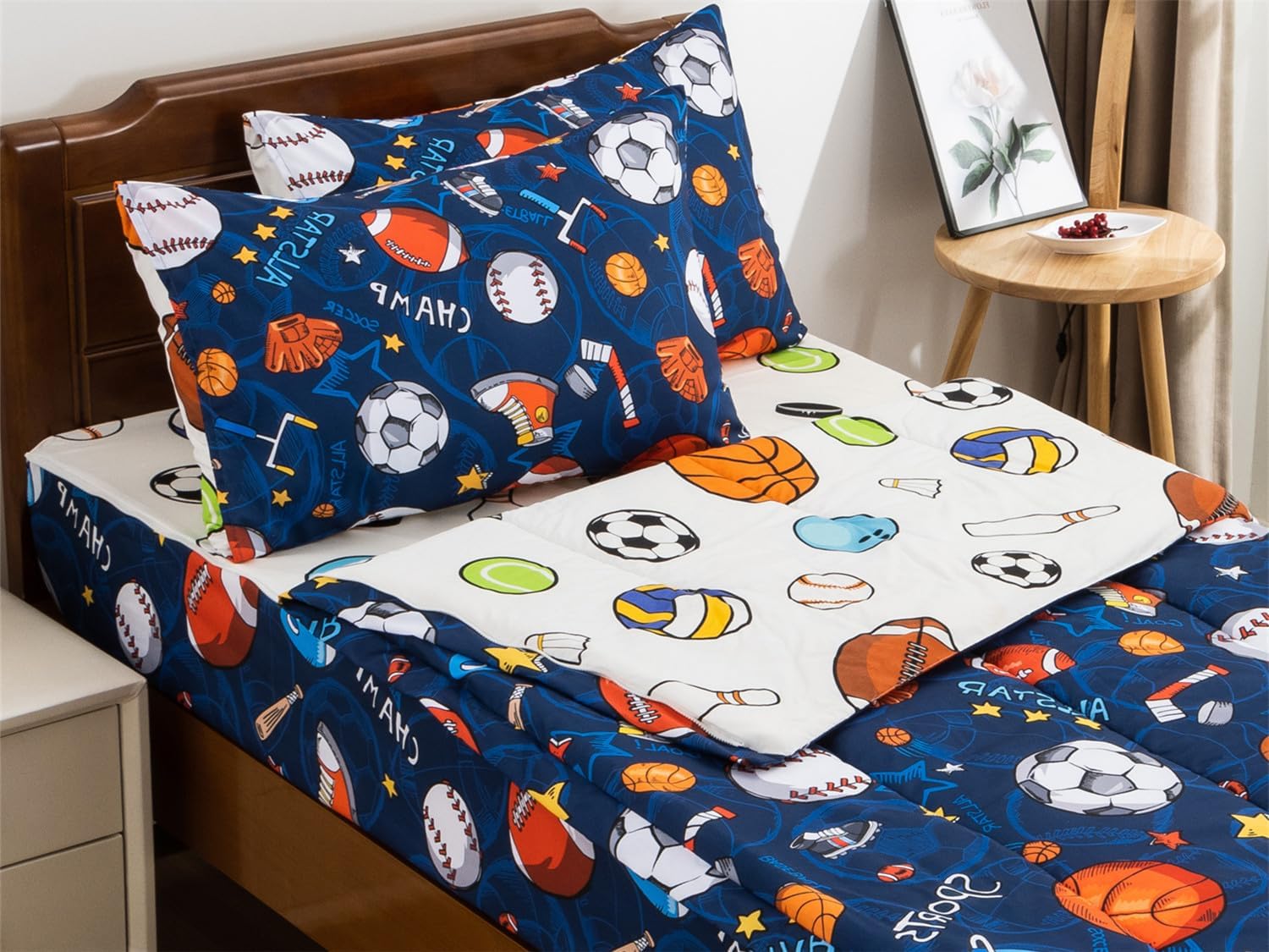 NTBED Sport Basketball Printed Zipper Bedding Sets Twin Lightweight Microfiber Football Comforter Sets with Fitted Sheet Pillow Covers,Blue Blue Twin