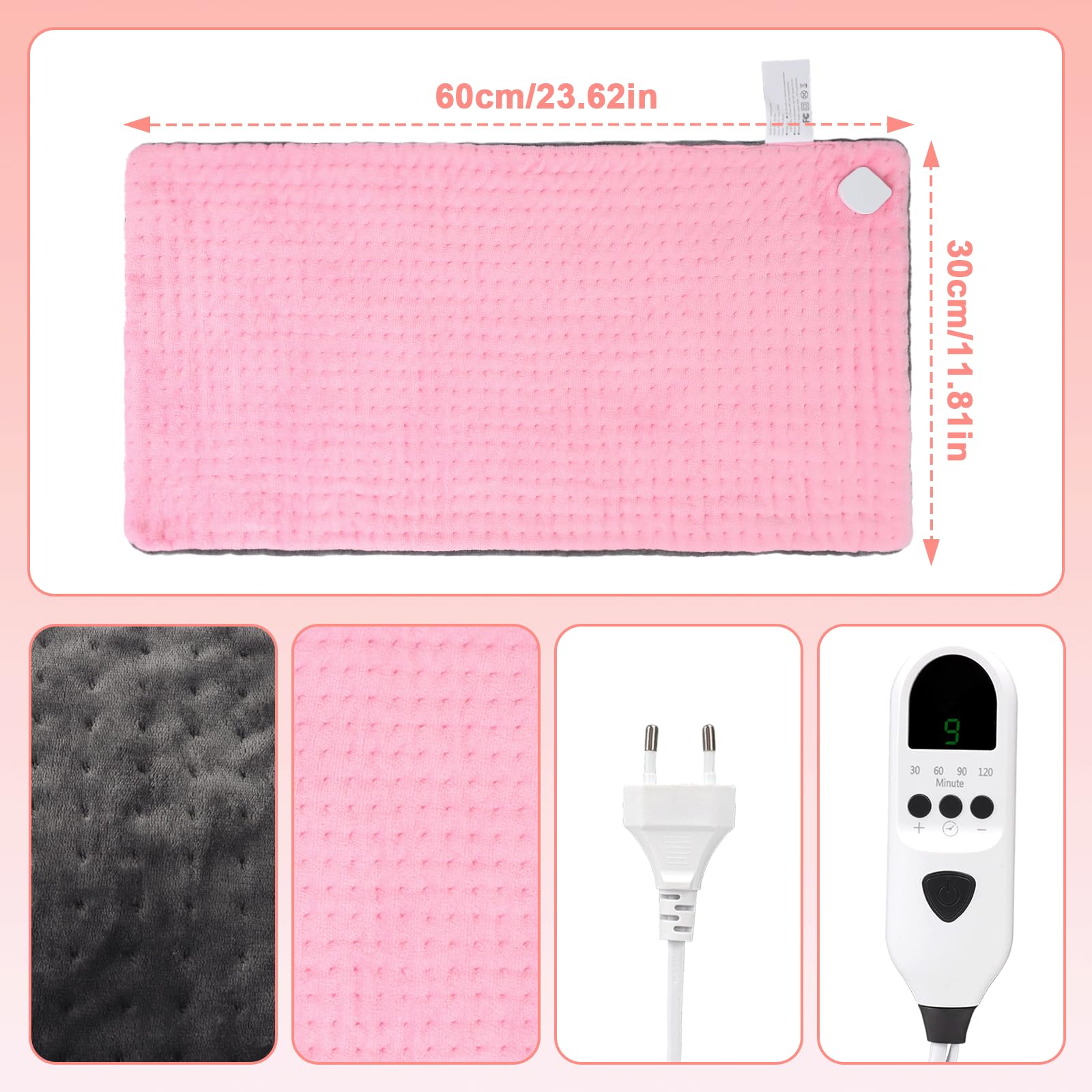 Dechoga Tappetino riscaldante in flanella a doppio strato, regolatore di temperatura a 9 passaggi e 4 timer, lavabile in macchina, morbido e pro-pelle, per collo, spalle (Rosa, 30x60cm)