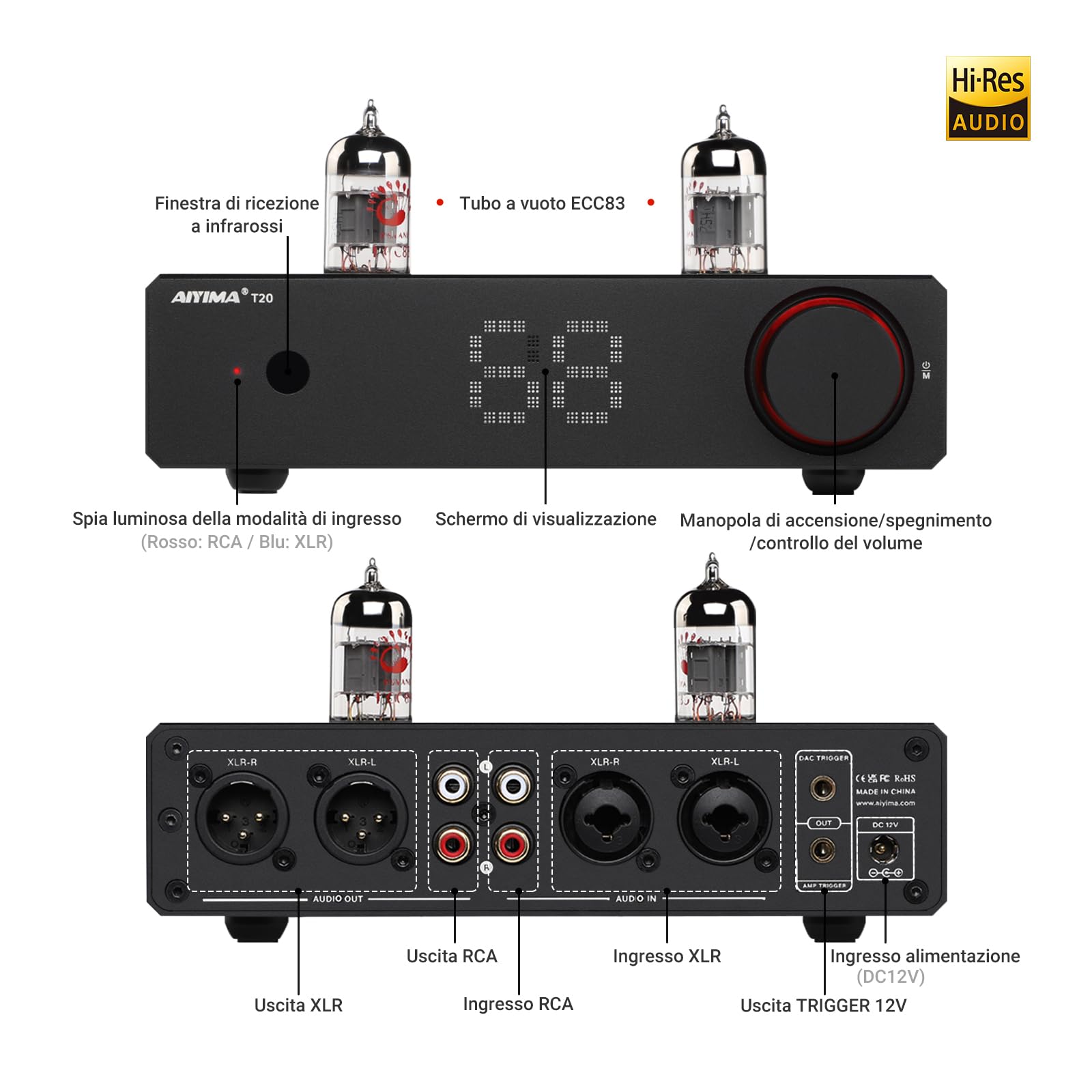 AIYIMA T20 Preamplificatore valvolare bilanciato LME49720 HiFi Home audio mini preamplificatore RCA XLR trigger 12V