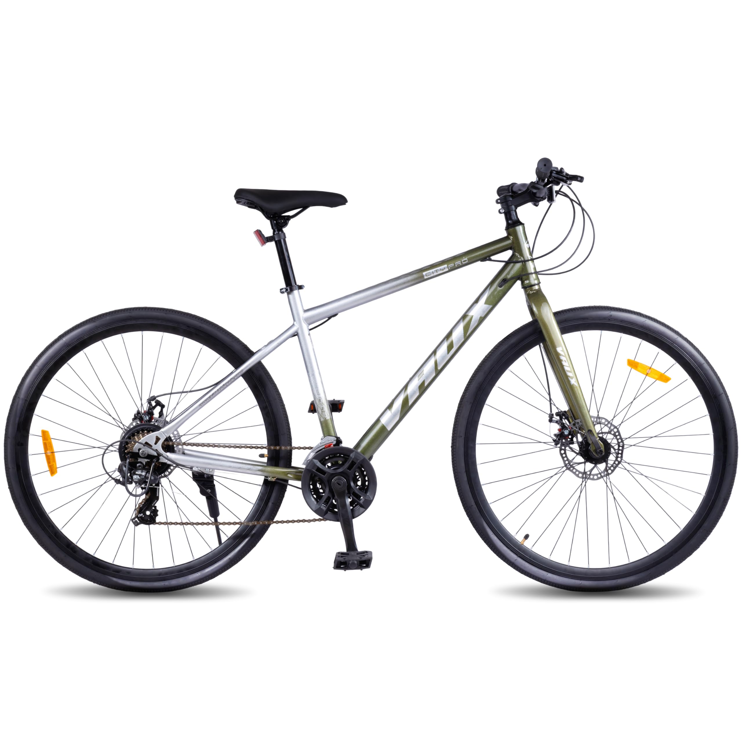 Vaux City-Pro 700C Hybrid Cycle for Men with Gears|21 Speed Shimano Gears| 19 Inch HI-Ten Steel Frame| Dual Disc Brakes| 700x35C Tyres|Double-Wall Alloy Rims (Silver-Green, Multispeed, Rigid Fork)-image-17