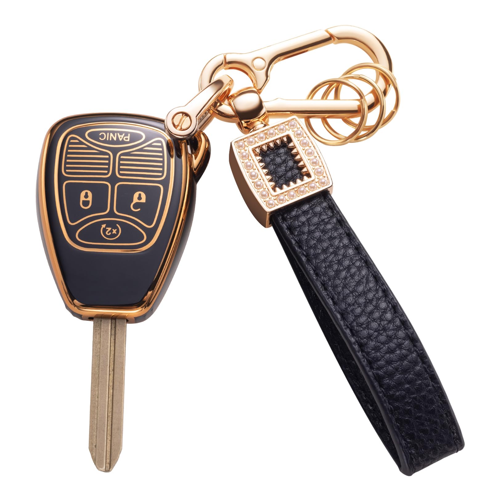 for Jeep Key Fob Cover with Leather Lanyard, Car Key Fob Case Compatible with Jeep Wrangler Compass 2007-2018/Dodge Ram Durango Smart Key Protector Holder