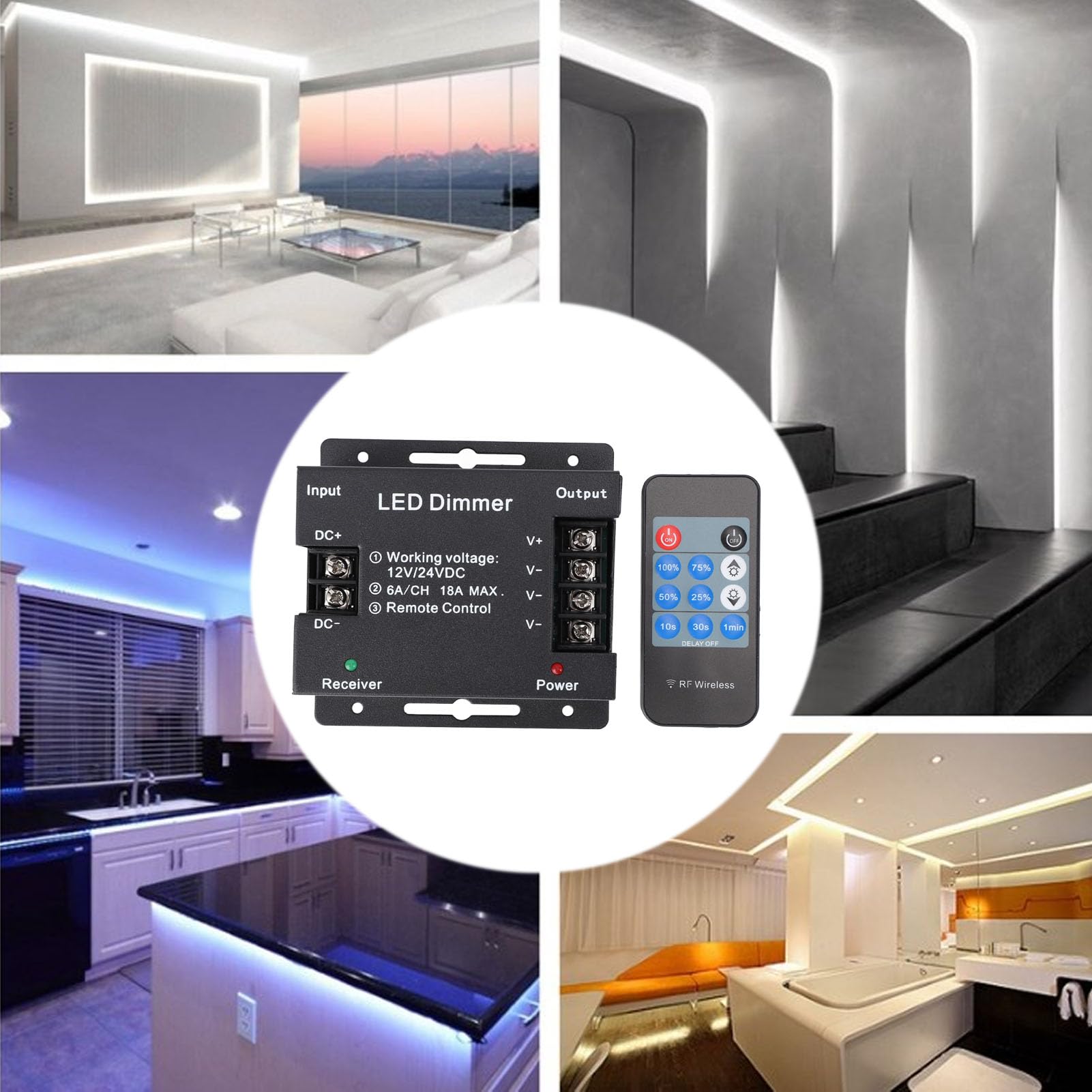 Controlador Atenuador LED Remoto RF, para Ajustar el Brillo de la Tira de Luz LED DC12V-24V, con Función de Apagado del Temporizador