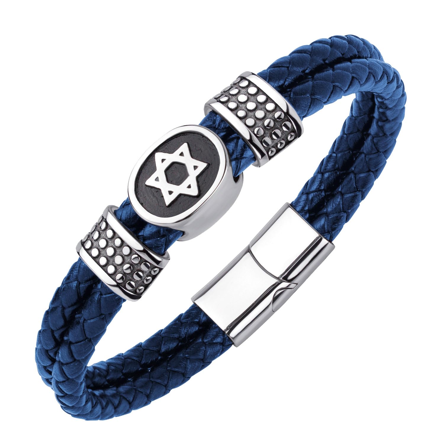 555JewelryStainless Steel Star of David Braided Leather Hypoallergenic Bracelet for Men, Size 8 & 9 Inch