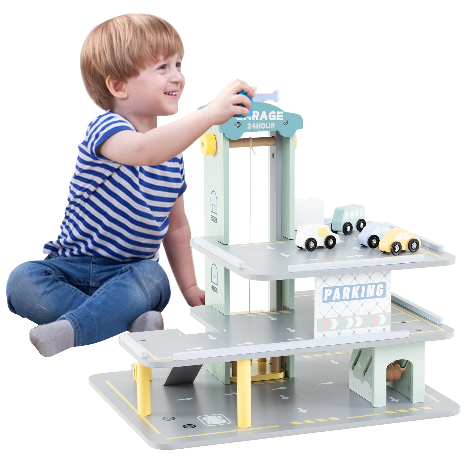 COSTWAY Wooden Garage Playset, 3 Storey Kids Parking Garage with 4 Toy Cars, Helicopter, Elevator, Pretend Vehicle Role Play Educational Toy for 3+ Years Old Boys Girls
