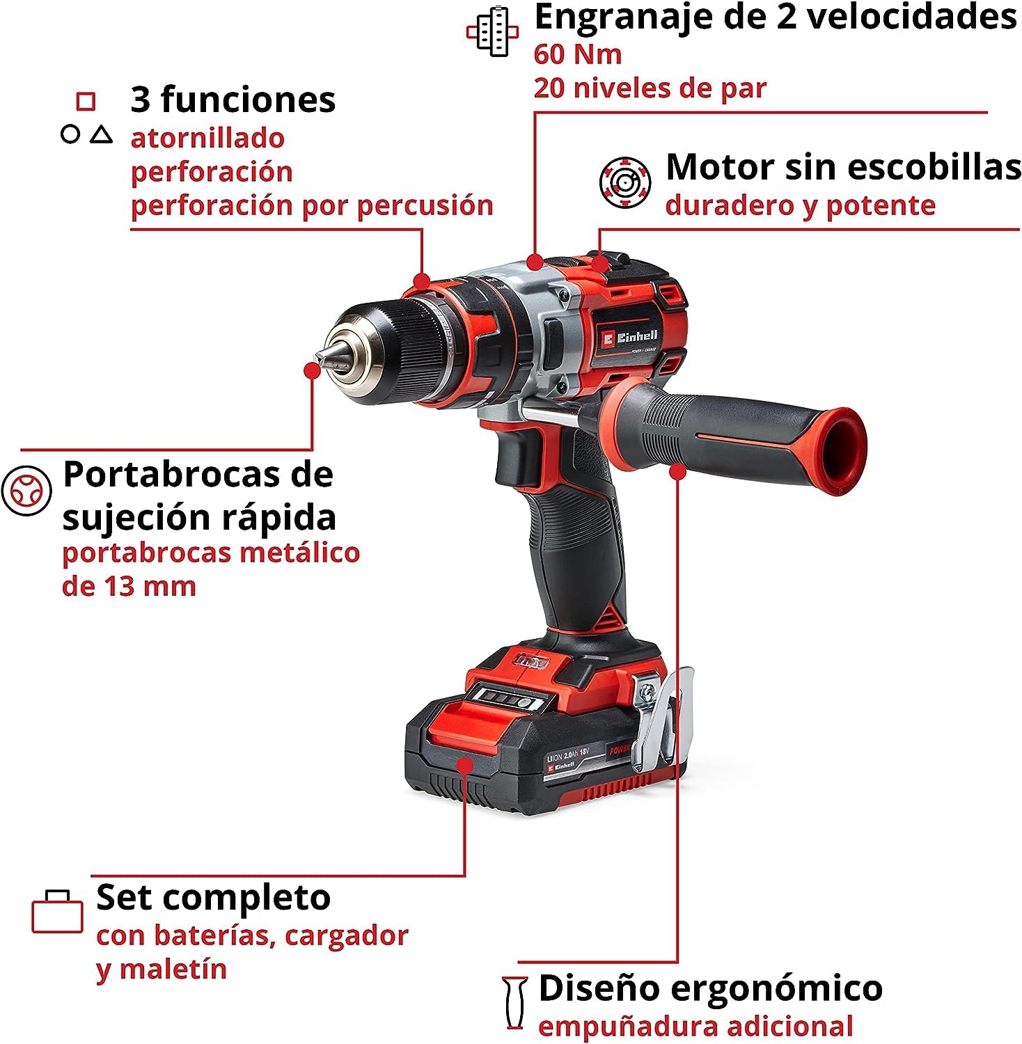 Einhell Atornillador inalámbrico TE-CD 18 Li-i Brushless Power X-Change (con función de impacto, Li-Ion, 18 V, 2 velocidades, 60 Nm, luz LED, maletín, incl. 2 baterías de 2,0 Ah y cargador)