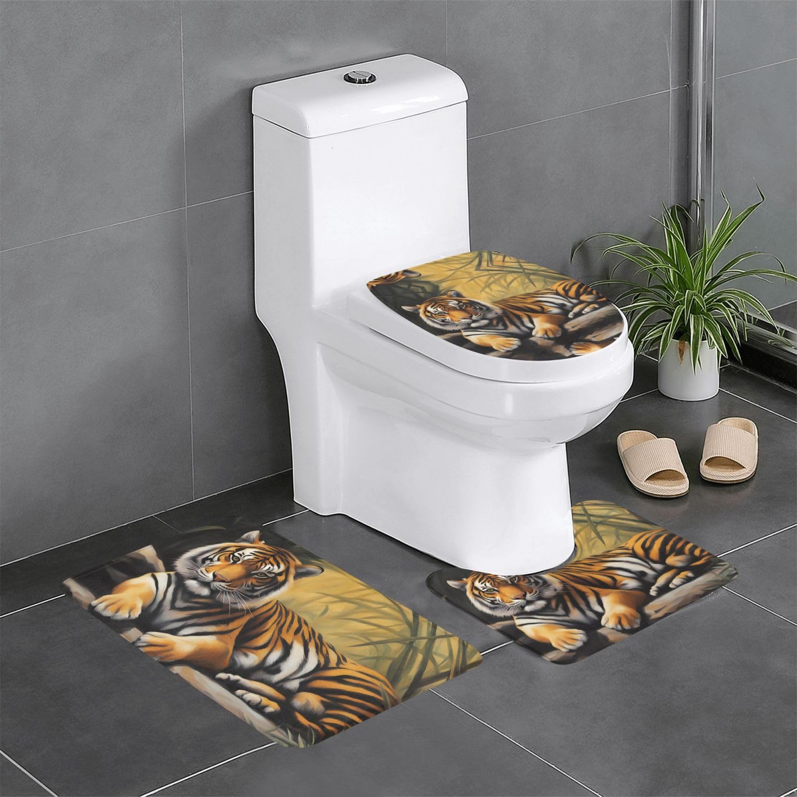 Tapis de bain tigre antidérapant et absorbant en lot de 3 pièces pour douche