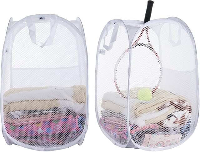 SUPNFOX 2 Pack Mesh Collapsible Laundry Baskets, Pop up Laundry Hamper Bins, Folding Washing Basket with Handles for Clothes Tidy Storage (White)