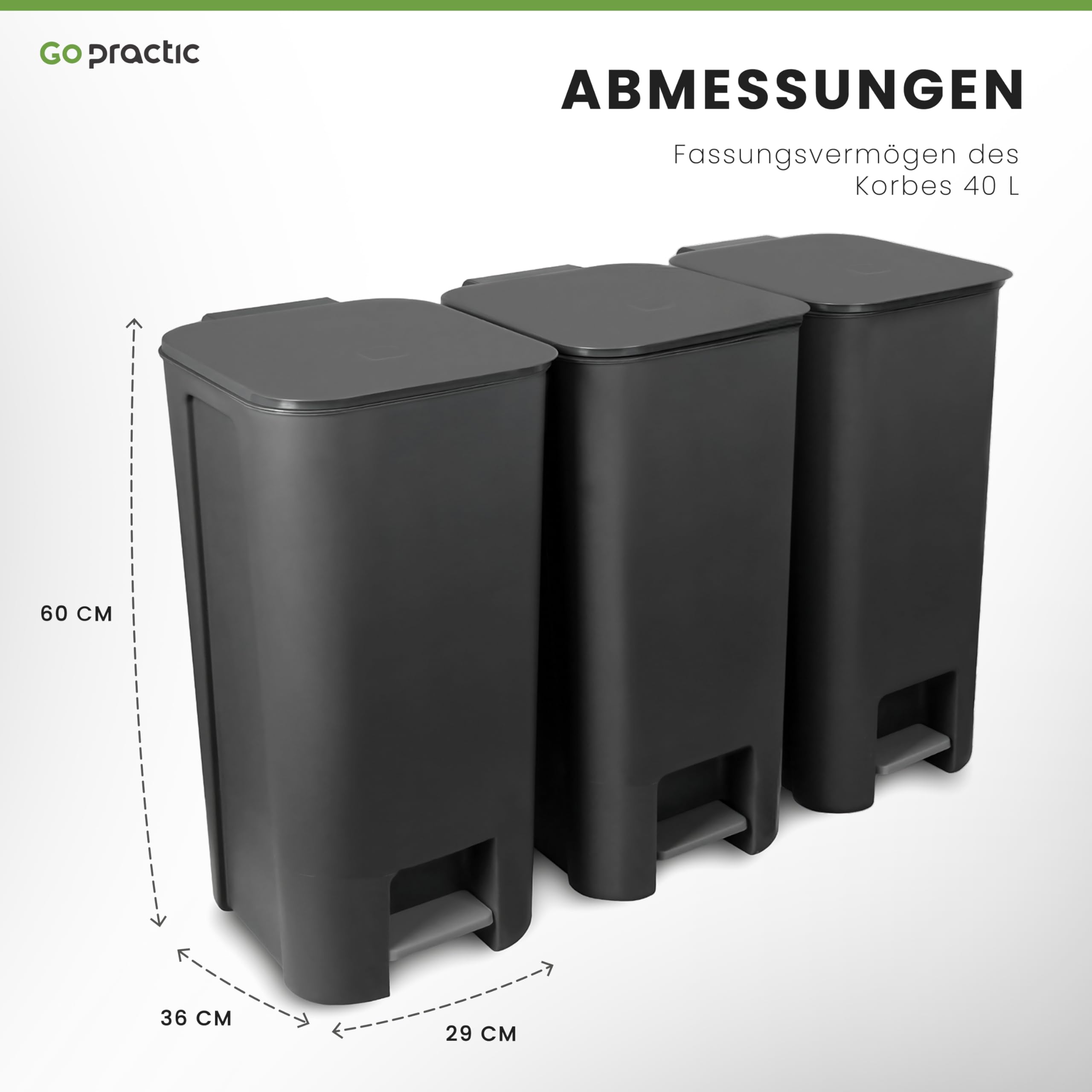 Treteimer Set x40L Grau, Tretmülleimer mit Pedal und Deckel, Mülleimer, Mülltrennsystem für Papier, Kunststoff, Küchenmülleimer Recycling, Küche