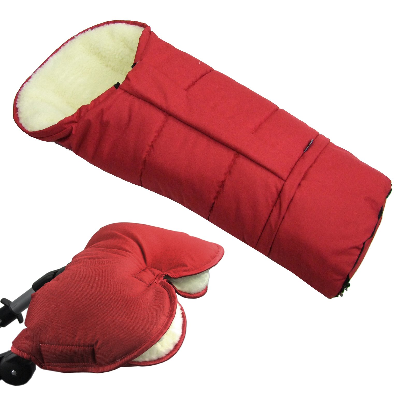 Bambiniwelt, offerta combinata MUFF + sacco a pelo invernale in lana d'agnello per passeggino, carrozzina, slitta mellata (rosso) XX