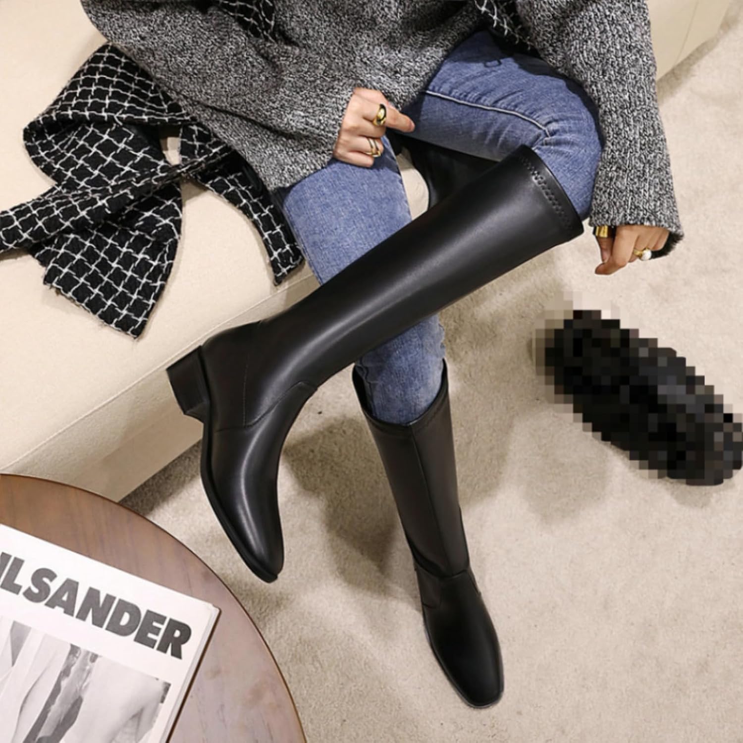 Women's Square Toe Comfortable Knee High Boots Retro Chunky Heel Waterproof Walking Long Boots Low Heel Side Zipper Stretchy Winter Knight