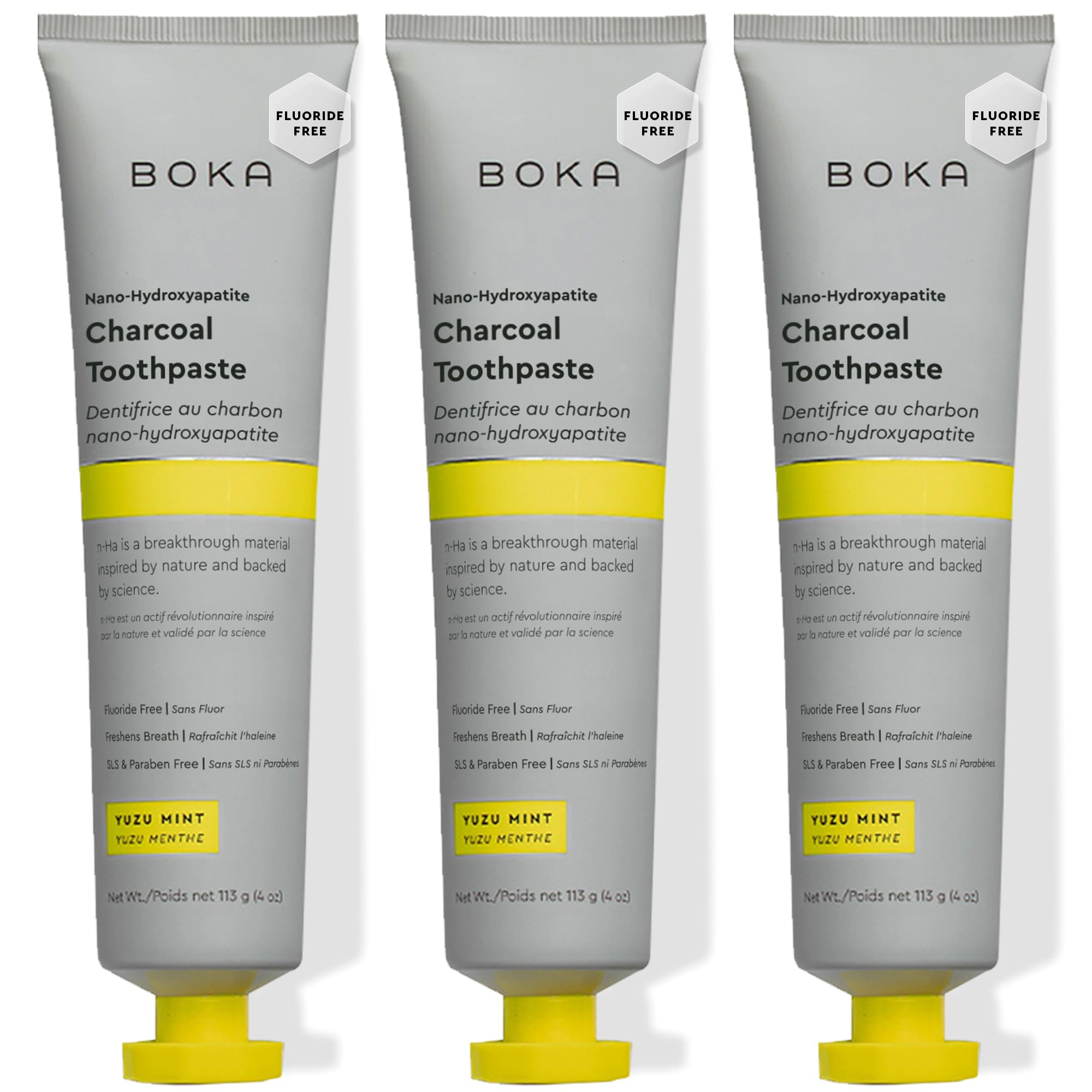 Boka Fluoride Free Toothpaste, Nano Hydroxyapatite Toothpaste, Appropriate for Sensitive Teeth - for Adult, Kids Oral Care - Charcoal Yuzu Mint Flavor, 4 Fl Oz 3Pk US Manufactured