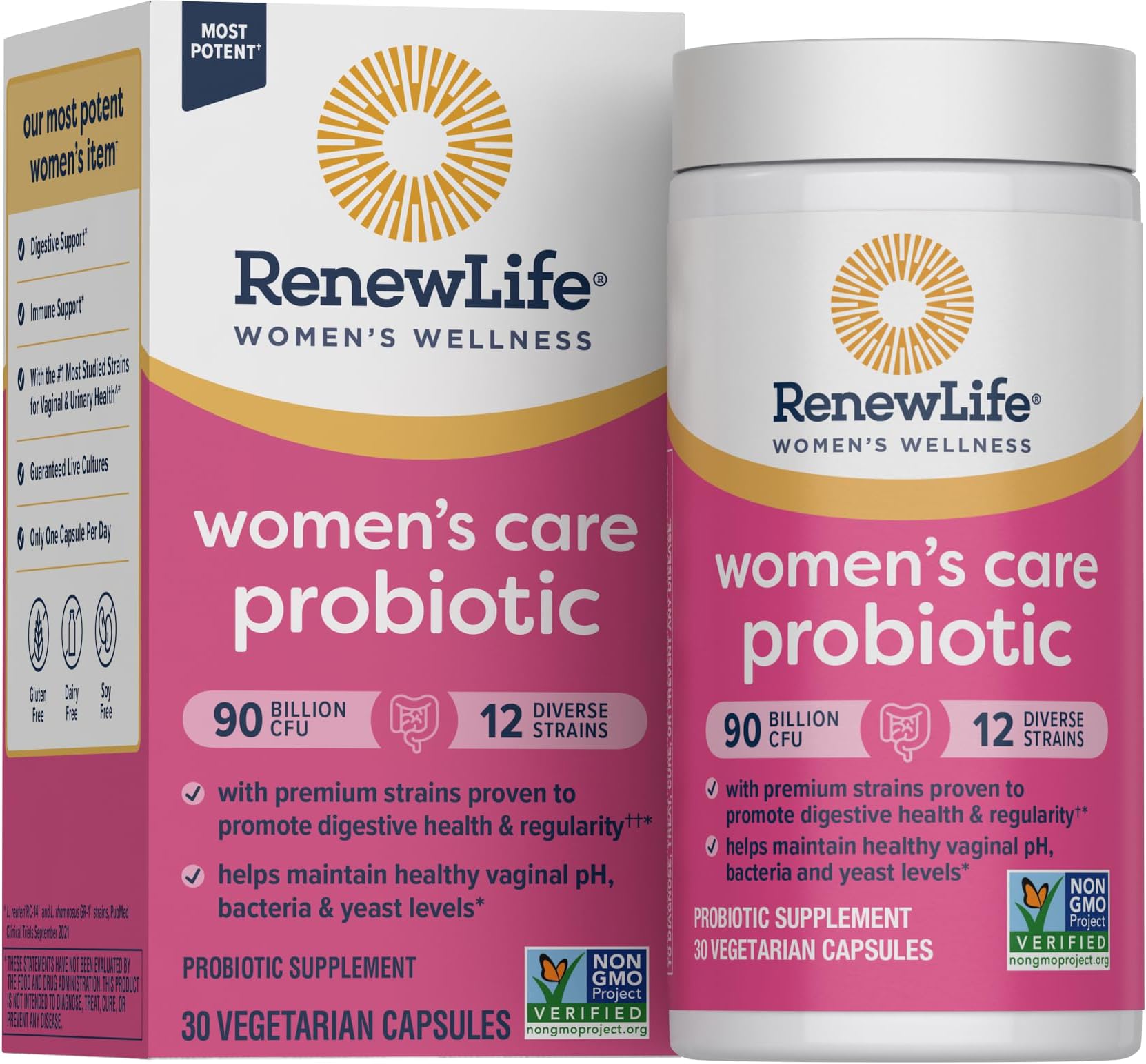Renew Life Women Probiotics 90 Billion Cfu Guaranteed, 12 Strains, Shelf Stable, Gluten Dairy & Soy Free, 30 Capsules, Ultimate Flora Women Care-60 Day Money Back Guarantee