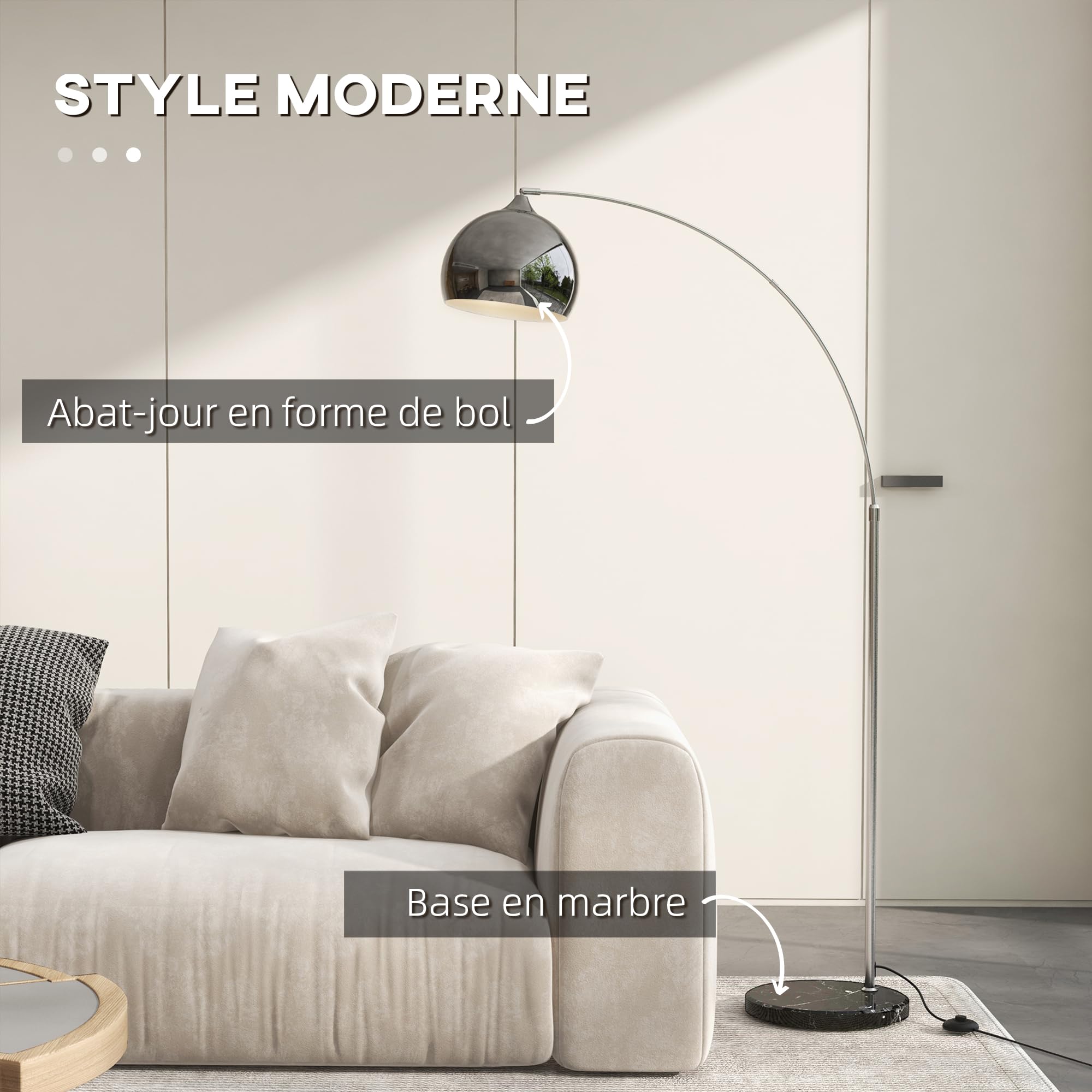 HOMCOM Lampadaire Arc avec Abat-jour Argenté, 40W E27, Pied Marbre, Hauteur Réglable 170-180 cm, Noir Gris