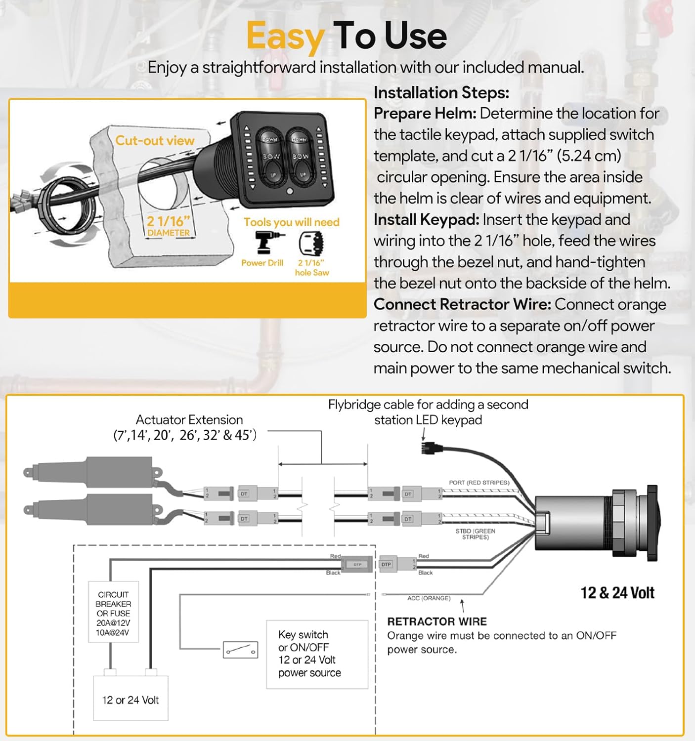 15170-001 LED Indicator Integrated Tactile Trim Tab Switch Kit with 36" Pigtail – Compatible Replacement for Lenco Marine Single Actuator Trim Tab Systems – Backlit Keypad, Auto-Retract