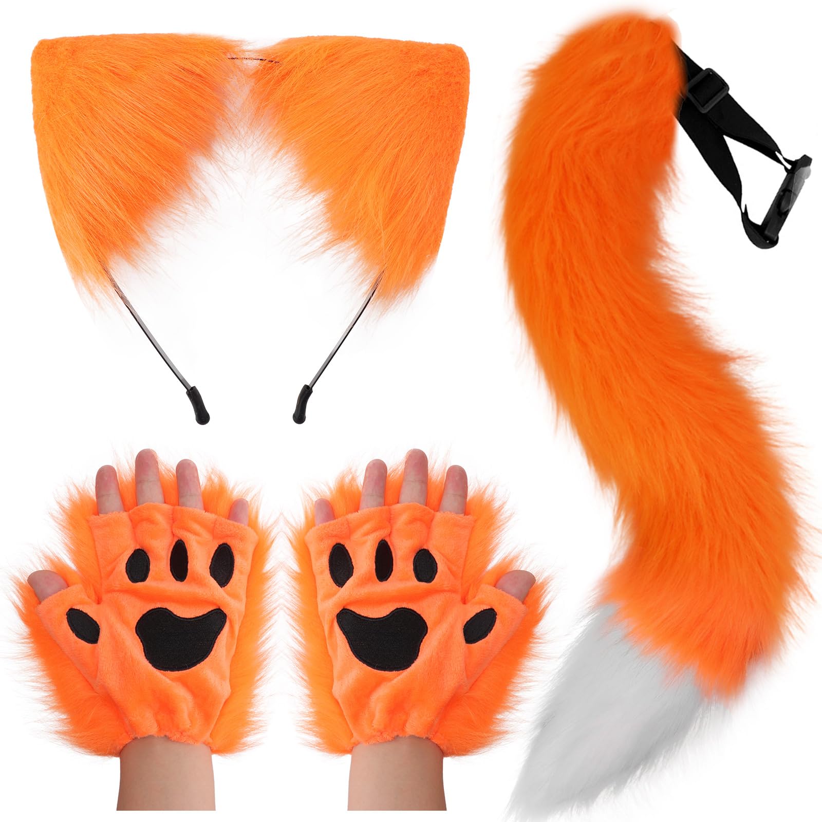 DRESHOW Wolf Fox Fur Tail Ears Headband and Gloves Set Cosplay Party Costume Super Huge Fluffy Tail for Women