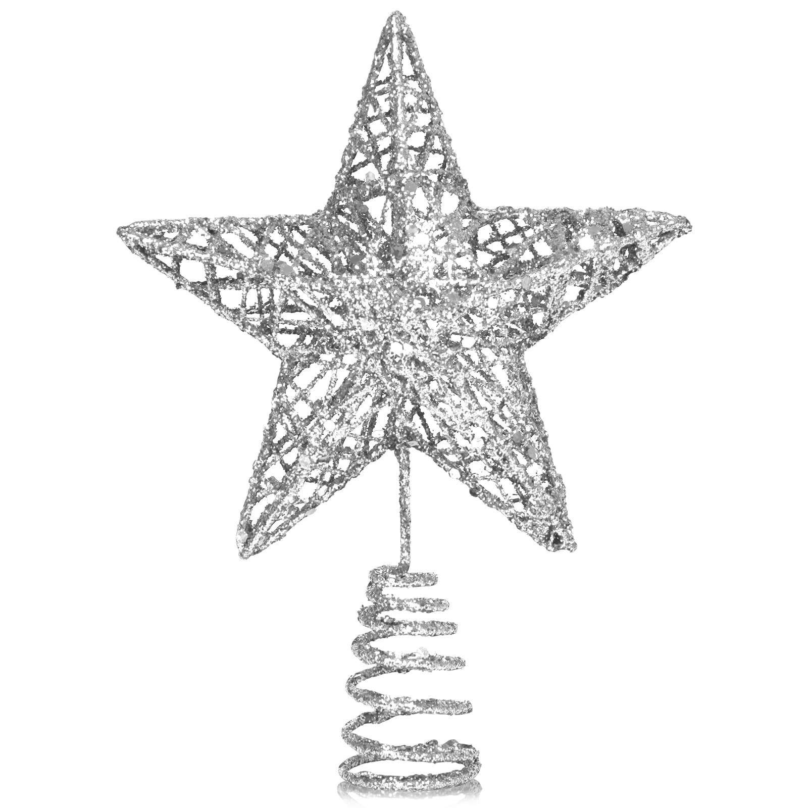 GXFCING Silver Christmas Tree Topper Large Glitter Star for Christmas Tree 3D Metal Hollow Tree Top Star for Xmas Tree Topper Christmas Home Decorations 25cm