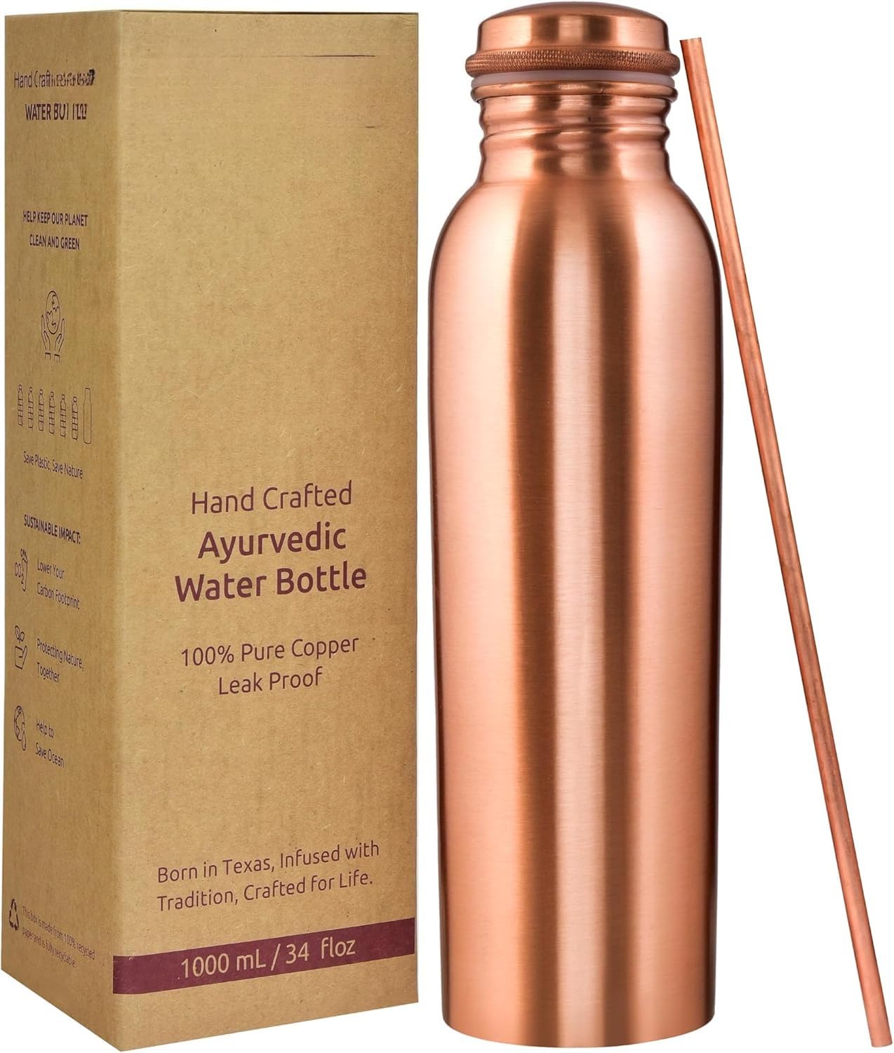 Hiphiprun 100% Pure Copper Water Bottle for Drinking – Extra Large 34 Oz Wide Mouth, Hammered Ayurvedic Copper Water Bottle with Straw – Handcrafted Leak-Proof Vessel, Reusable & BPA-Free (Classic)