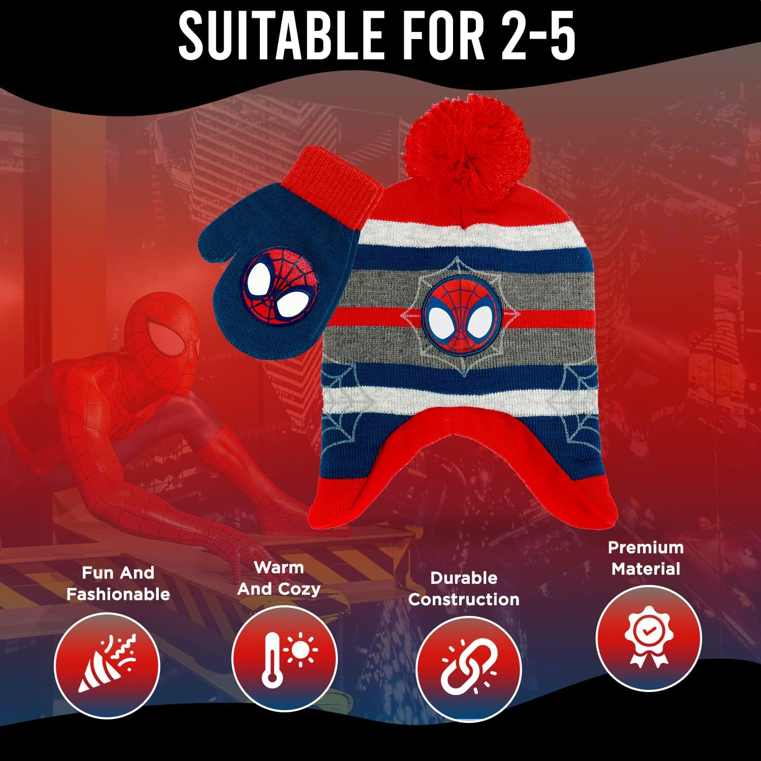 Marvel Spider-Man Boys Winter Hat and Mitten Set, Beanie Hat and Gloves - Image 3