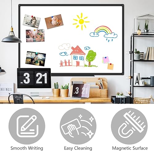 Miniatura 5 de XBoard Pizarra blanca magnética de 48 x 31 pulgadas, pizarra de borrado en seco con marco de aluminio negro, pizarra blanca con bandeja de