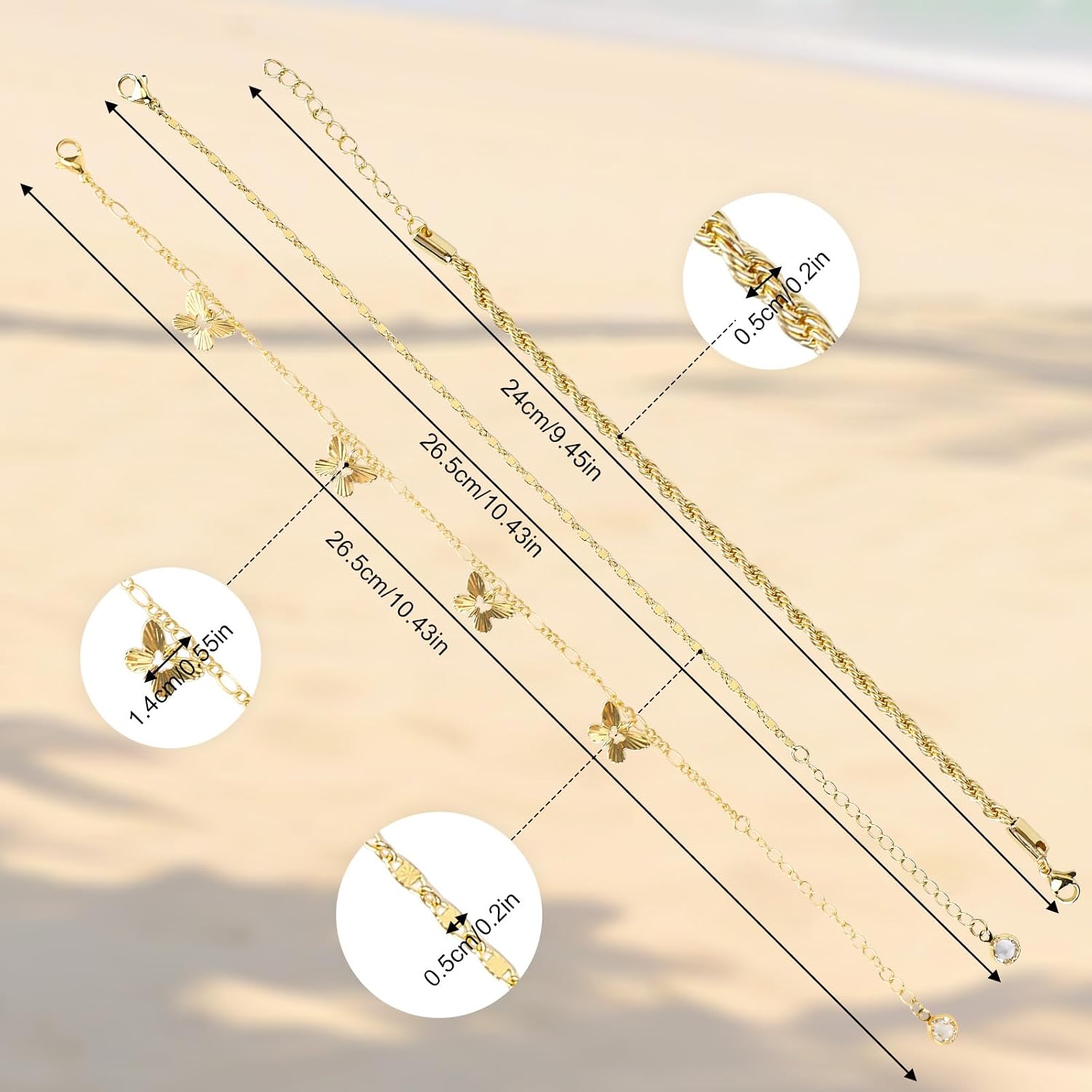 Mikovivi Gold Anklet for Women, Gold Plating 3-Strand Ankle Bracelet Waterproof Cuban Link Herringbone Chain & Butterfly Pendant Anklet Set Trendy Summer Jewelry Beach Gift image 2