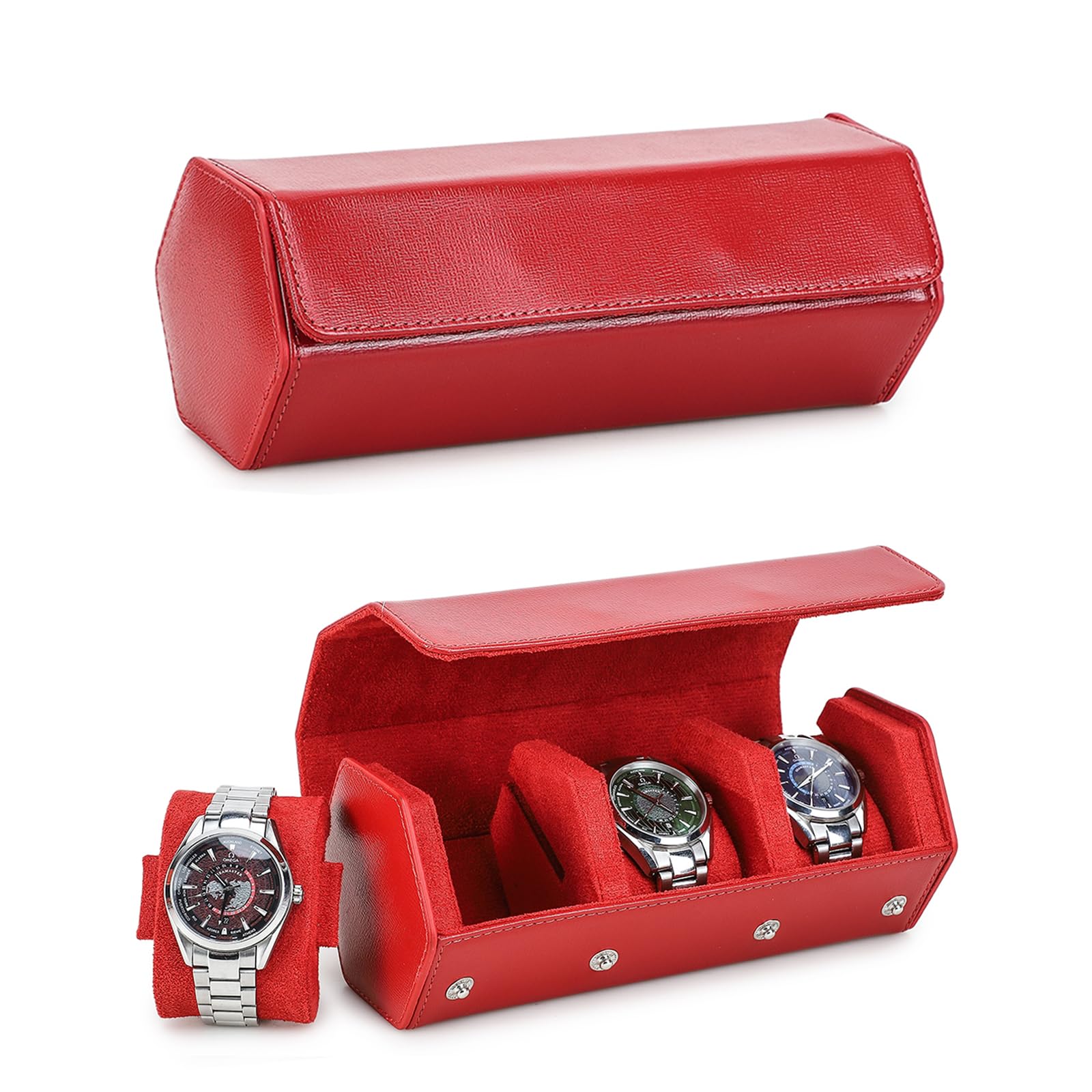 HVMBEUGOS Hiram Hexagon Watch box Genuine Saffiano Leather Watch Case for 3 Watches, Leather 3-Slot Watches Protective Storage Case Watch Display Organizer for Men (Red)