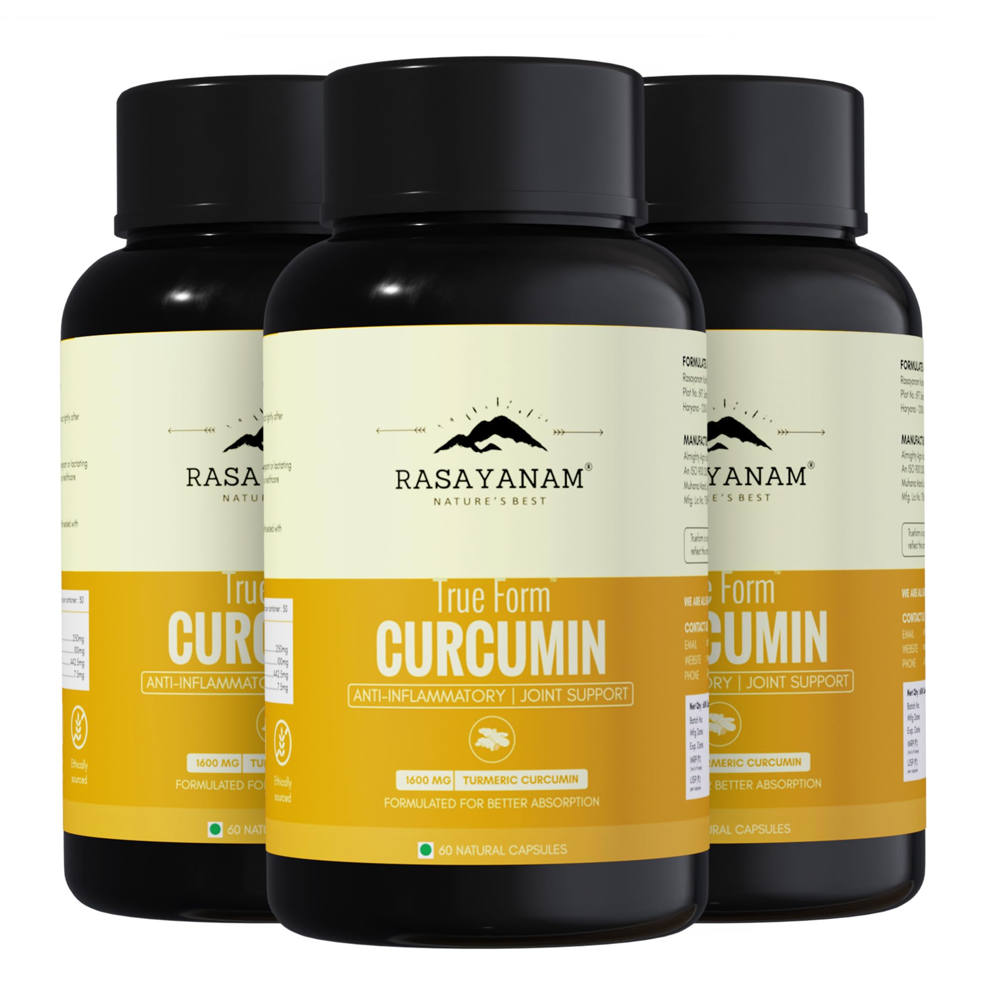 Rasayanam Curcumin 1600mg - PACK OF 3 (180 Capsules) | Extra-Pure Nano Curcumin Capsules with 95% Curcuminoids | Turmeric & Piperine | Joint Support Supplement for Men & Women