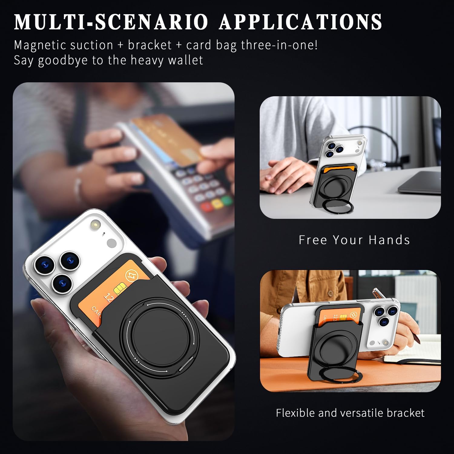 SQMCase Designed for MagSafe Wallet Magnetic Card Holder with Kickstand Compatible with MagSafe Phones and Cases, Phone Wallet for iPhone 17/16/15/14/13/12/ Pro/Max/Plus(Black) - Image 6