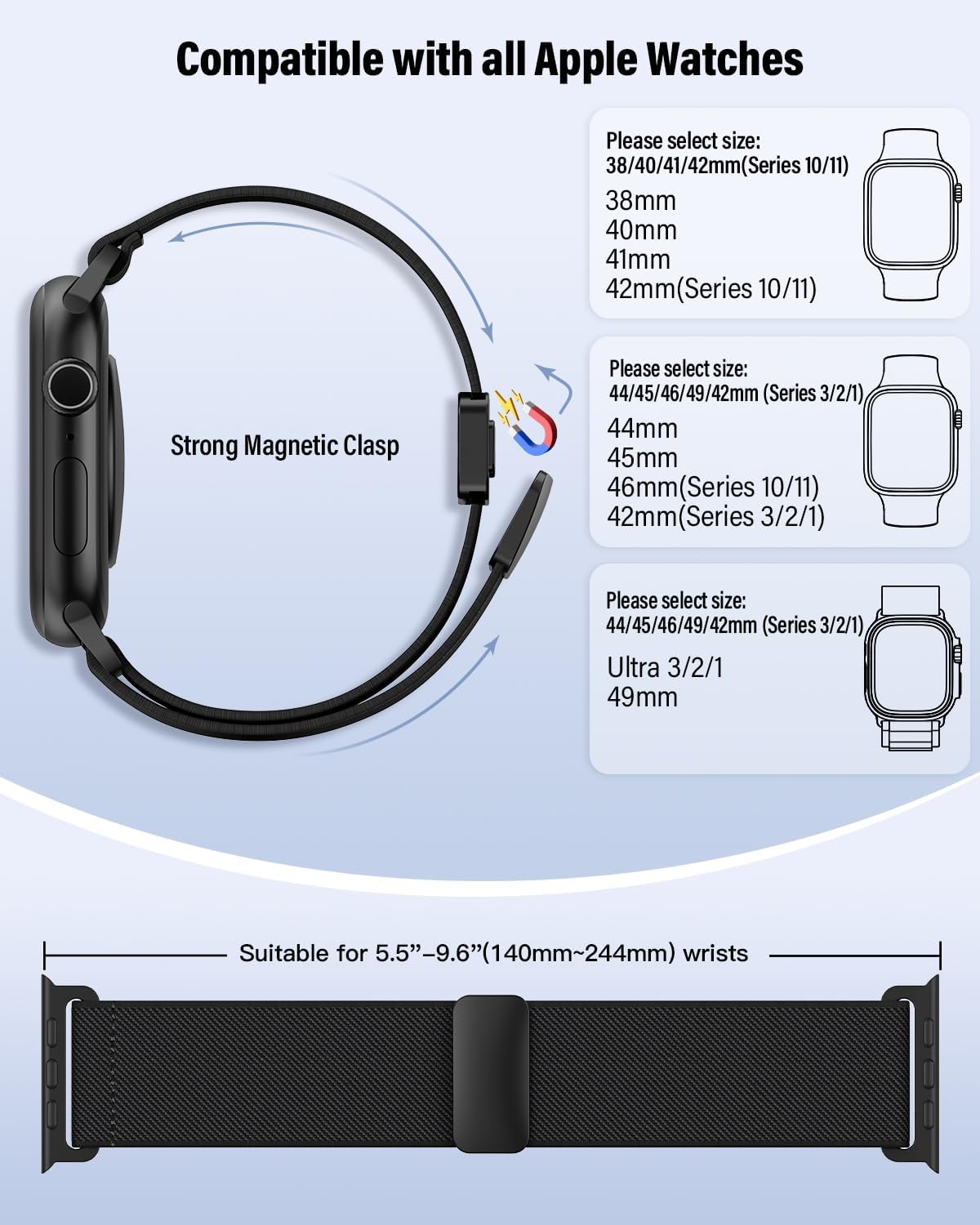 Stretchy Band Compatible with Apple Watch Bands 44mm 45mm 46mm 49mm 42mm 41mm 40mm 38mm Men Women,Magnetic Clasp Nylon Elastic Sport Band for iWatch Series 11 10 9 8 7 6 5 4 3 SE Ultra 3/2/1,Black