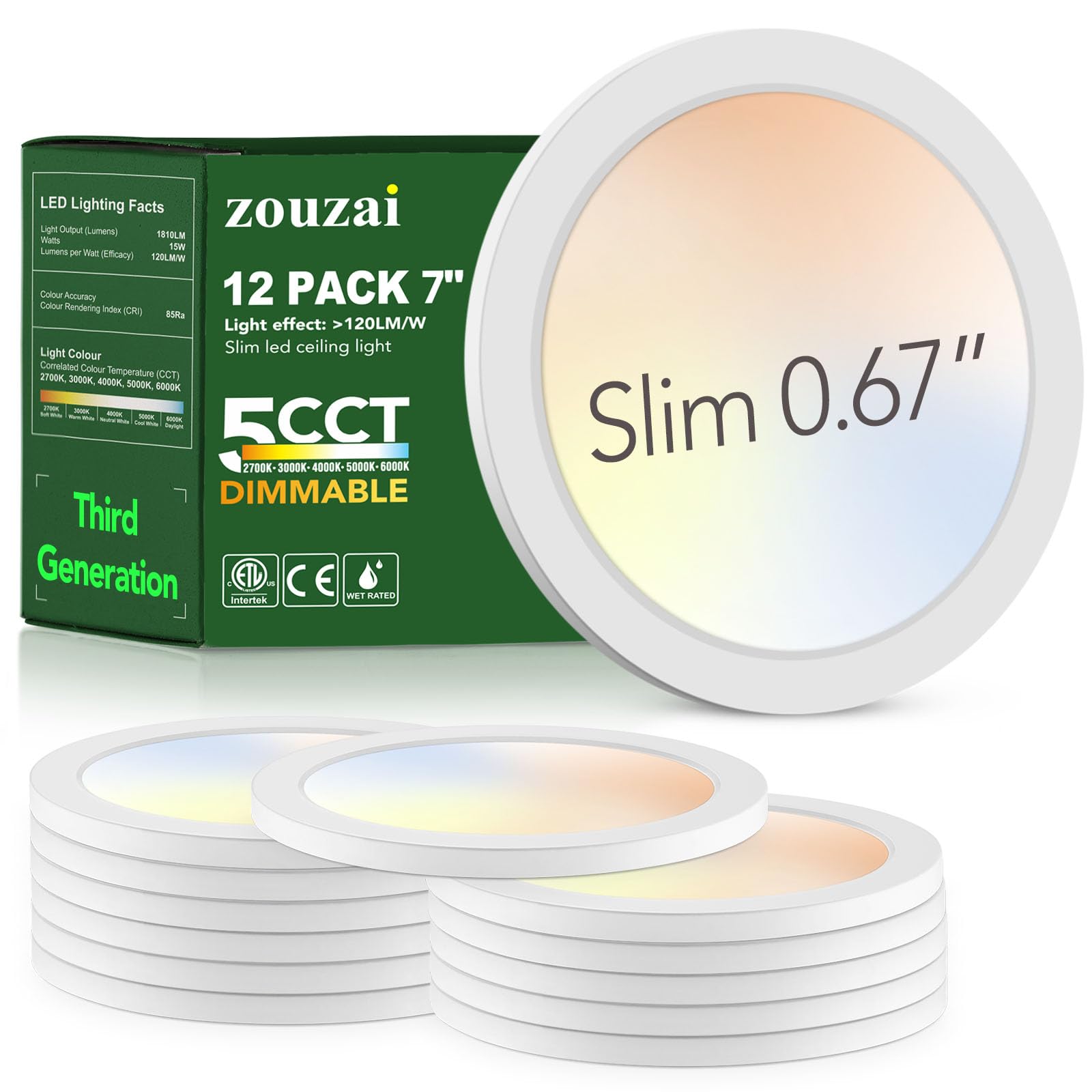 Photo 1 of zouzai 7 Inch LED Flush Mount Ceiling Light, 15W, 1510LM, 5CCT (12 Pack)